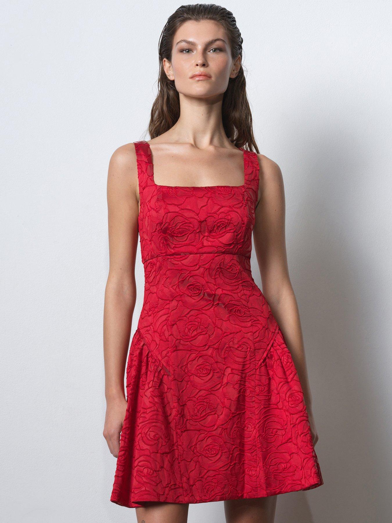  image of french-connection-floral-embroidered-jacquard-sleeveless-square-neck-flared-mini-dress-red
