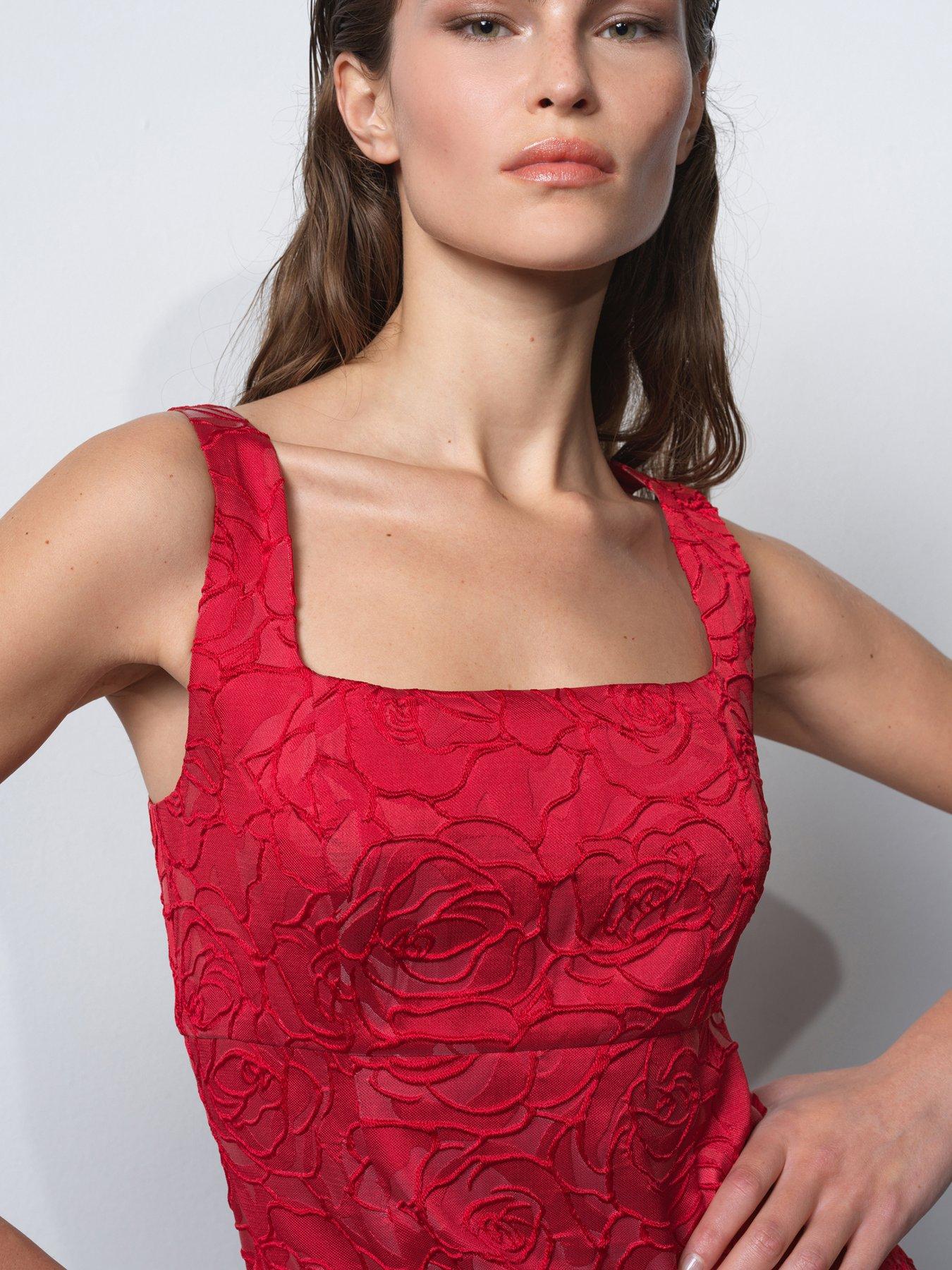  image of french-connection-floral-embroidered-jacquard-sleeveless-square-neck-flared-mini-dress-red