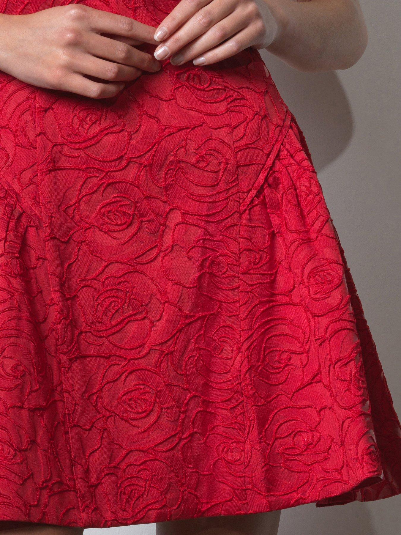  image of french-connection-floral-embroidered-jacquard-sleeveless-square-neck-flared-mini-dress-red