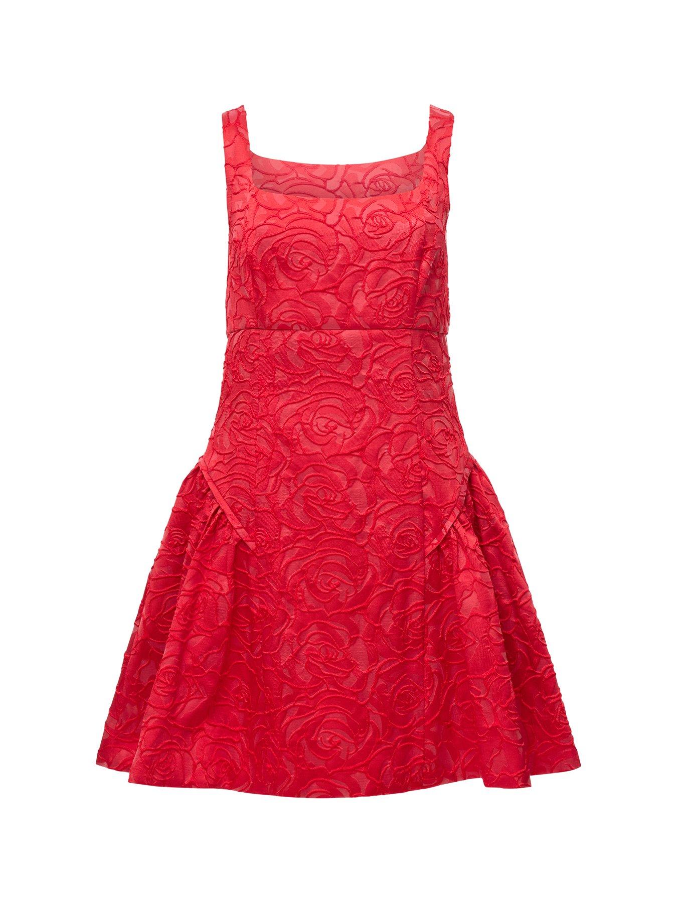  image of french-connection-floral-embroidered-jacquard-sleeveless-square-neck-flared-mini-dress-red