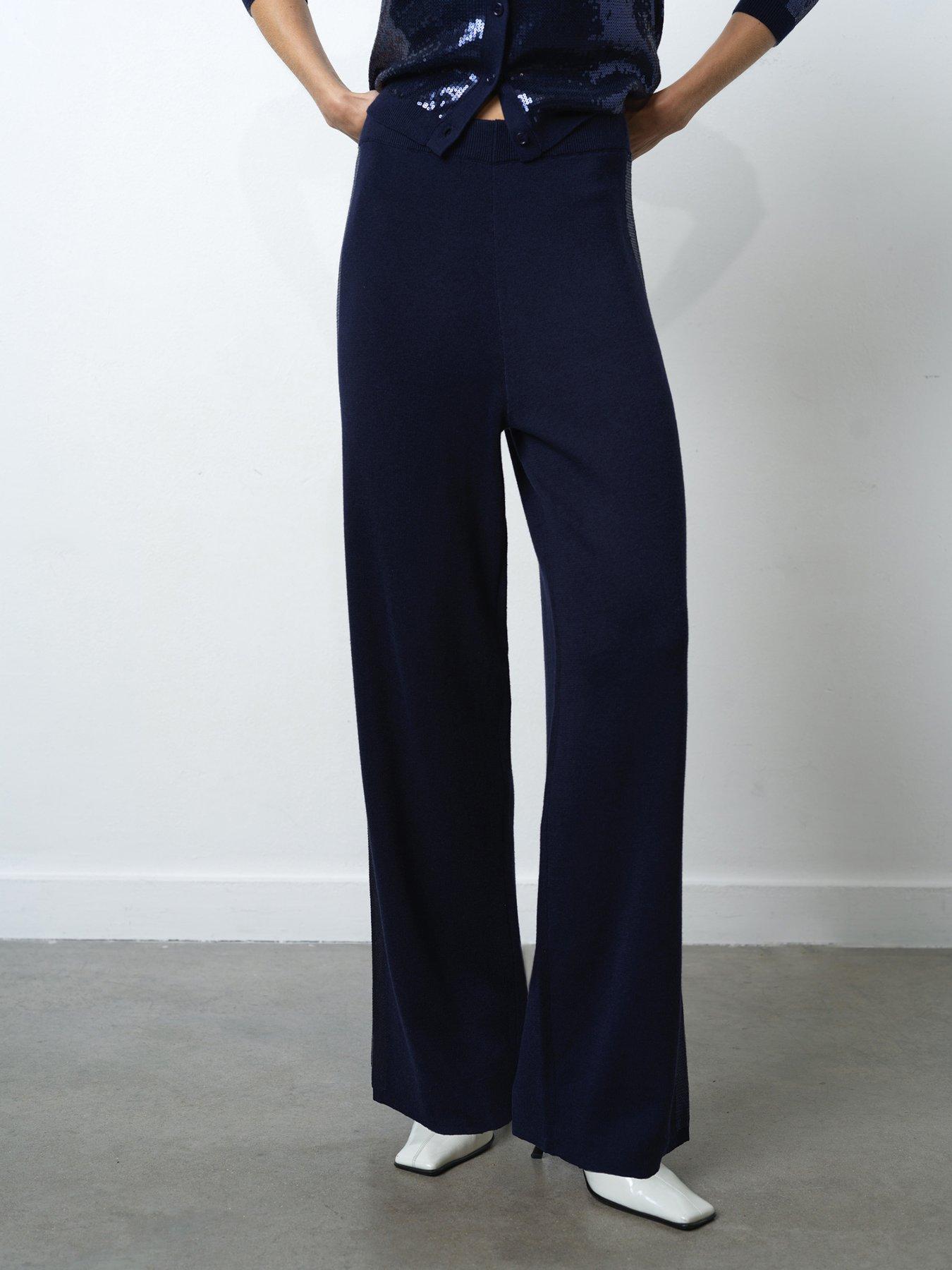 Image 1 of 6 of French Connection Straight Leg Side Sequin Elasticated Waist Trousers - Navy