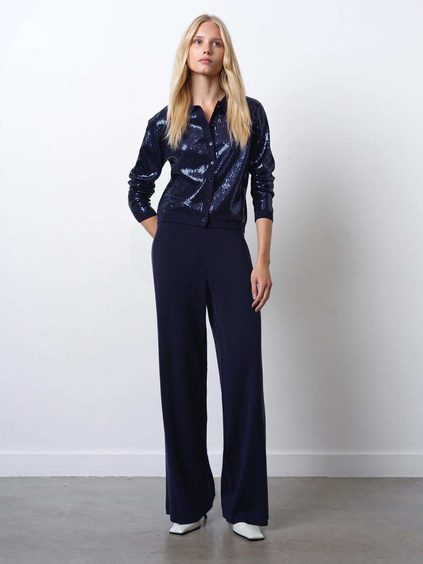 Image 3 of 6 of French Connection Straight Leg Side Sequin Elasticated Waist Trousers - Navy