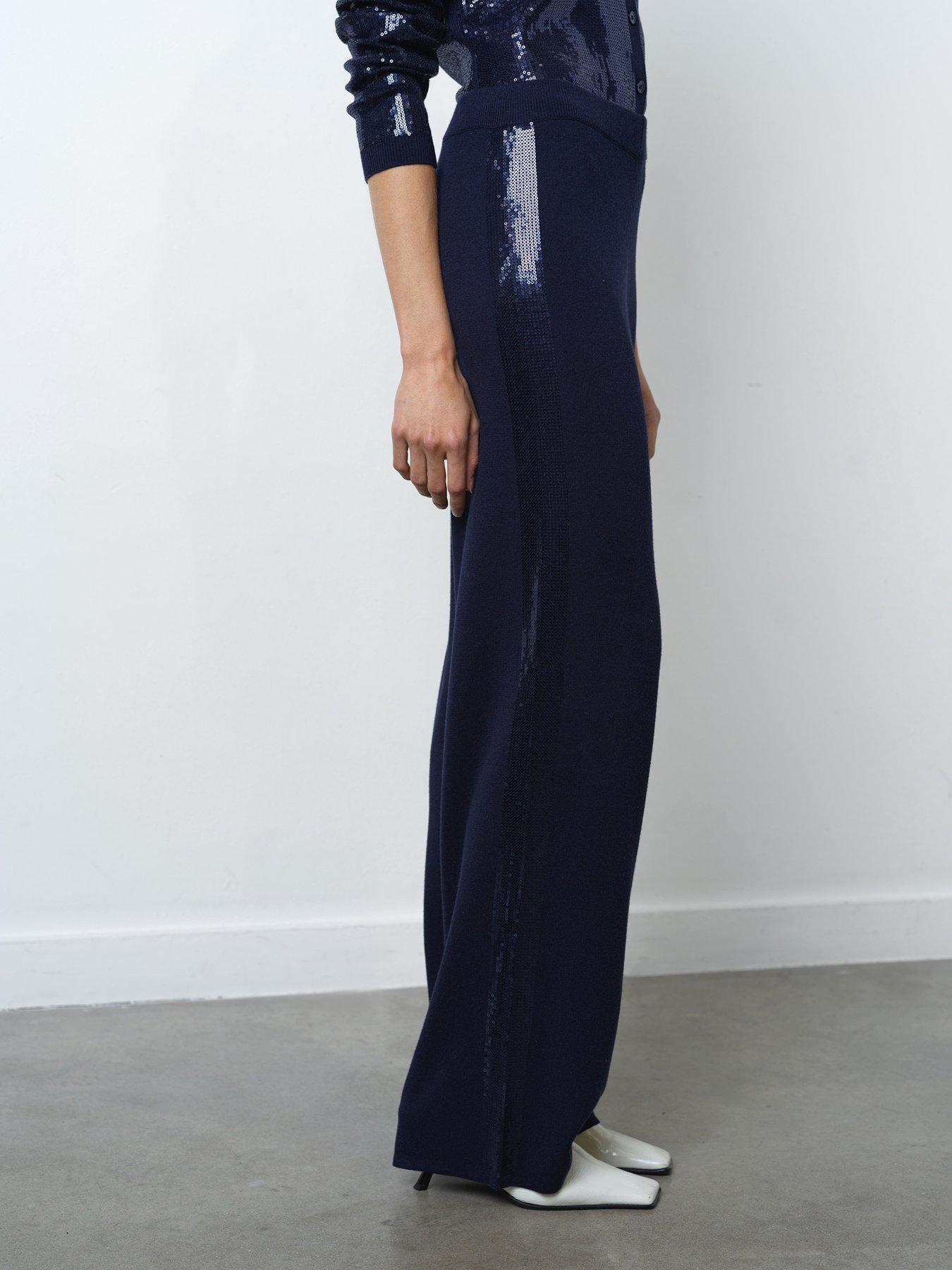 Image 4 of 6 of French Connection Straight Leg Side Sequin Elasticated Waist Trousers - Navy