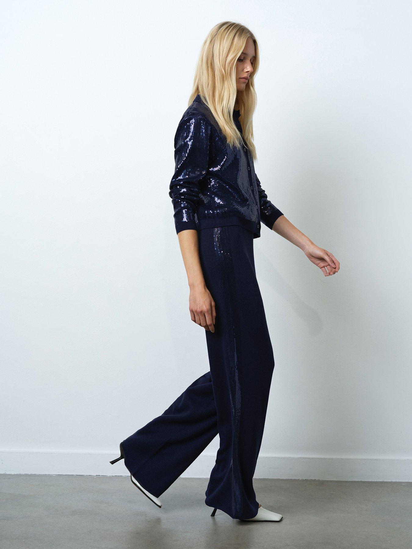 Image 6 of 6 of French Connection Straight Leg Side Sequin Elasticated Waist Trousers - Navy