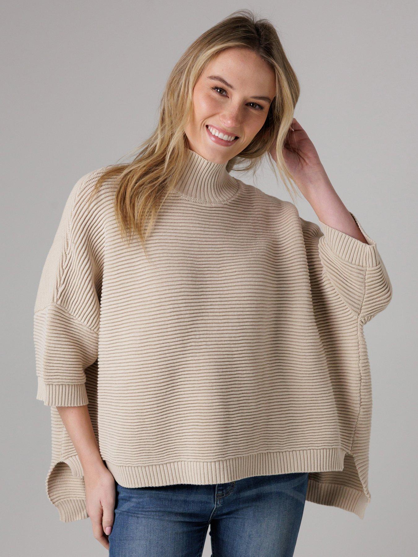 French Connection Cotton Knitted High Neck Ribbed Jumper - Beige