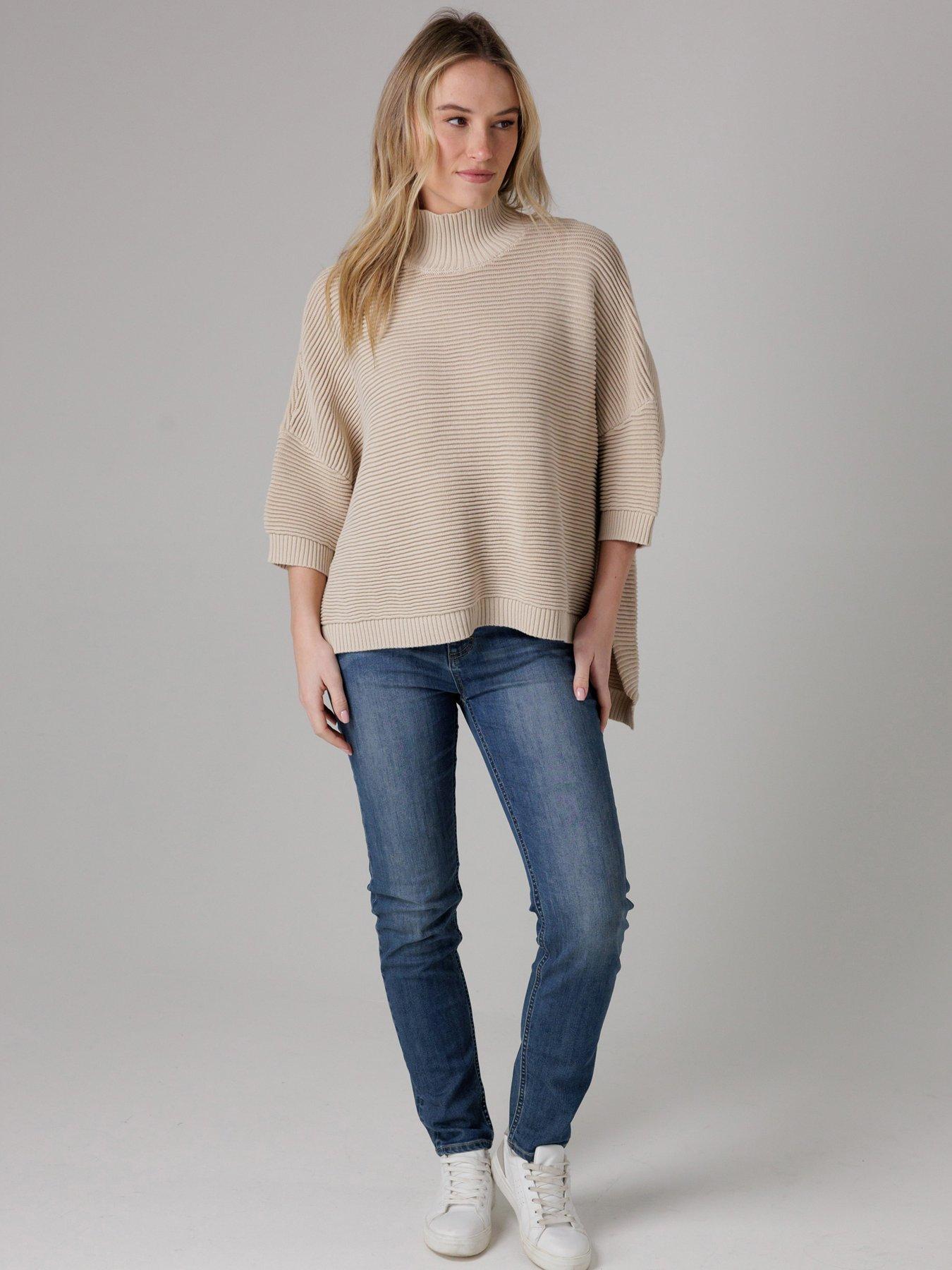 image of french-connection-cotton-knitted-high-neck-ribbed-jumper-beige
