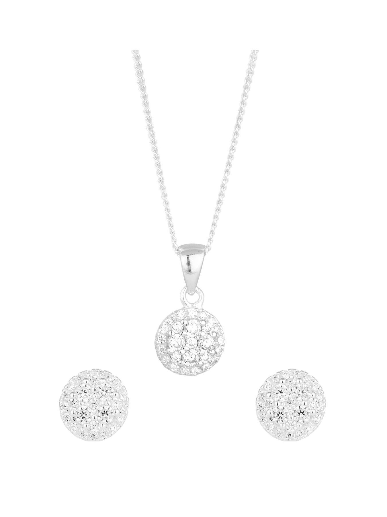 Image 1 of 5 of The Love Collection Sterling Silver Cluster CZ Round Stud Earring and Pendant Set