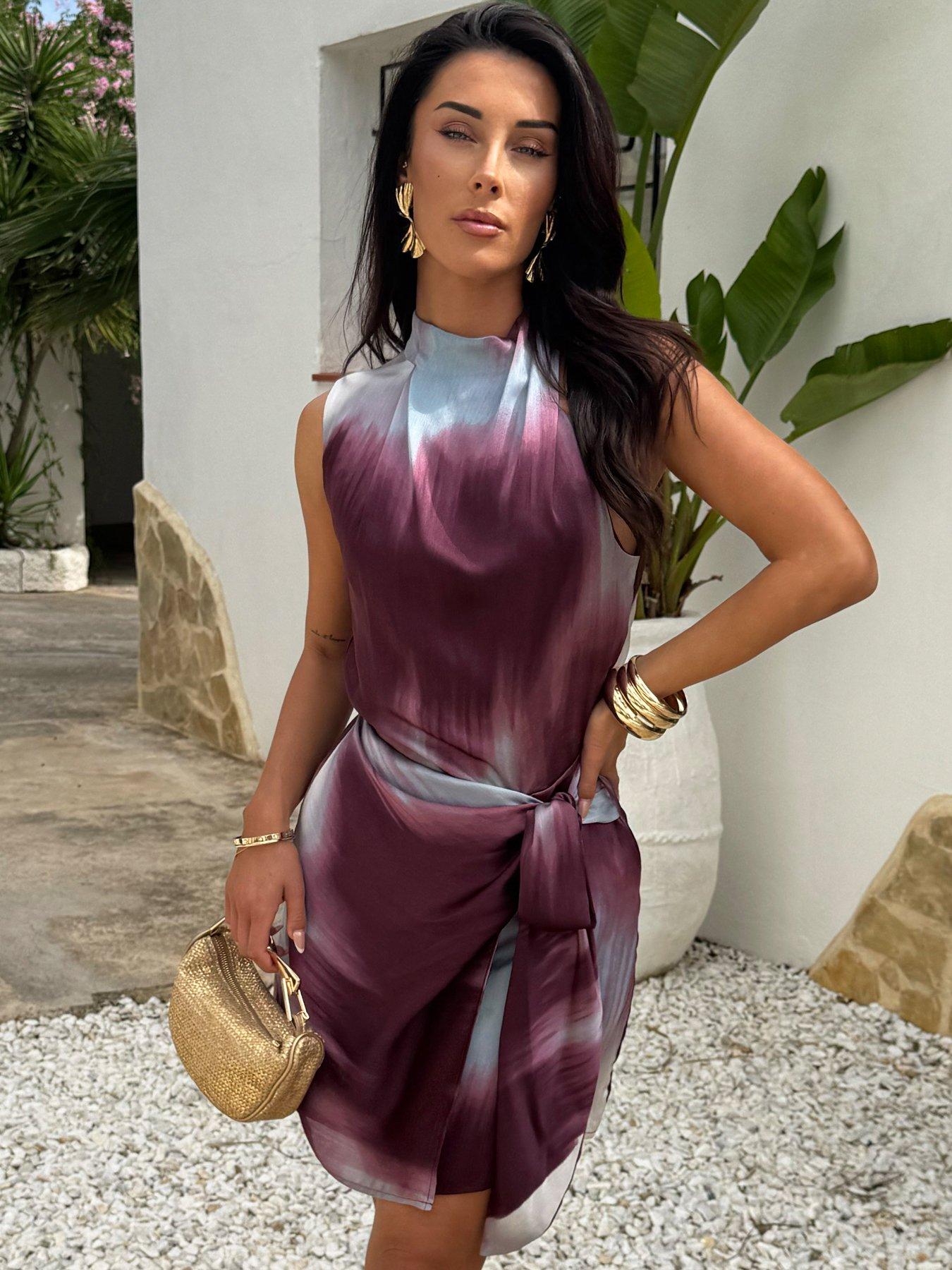 Image 3 of 4 of AX Paris Smudge Print Asymmetric Neck Tie Waist Mini Dress - Purple
