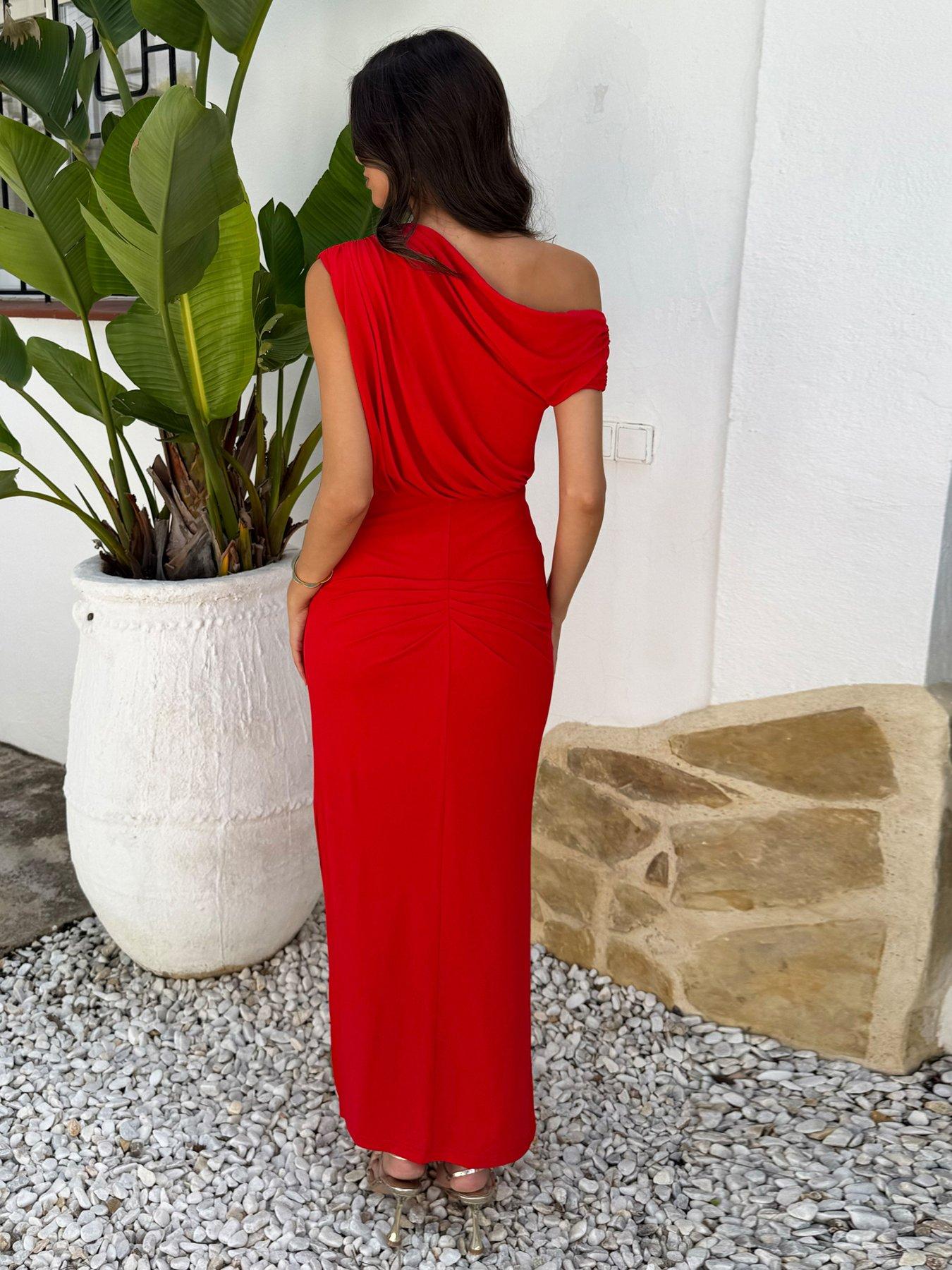  image of ax-paris-off-the-shoulder-double-split-midi-dress-red