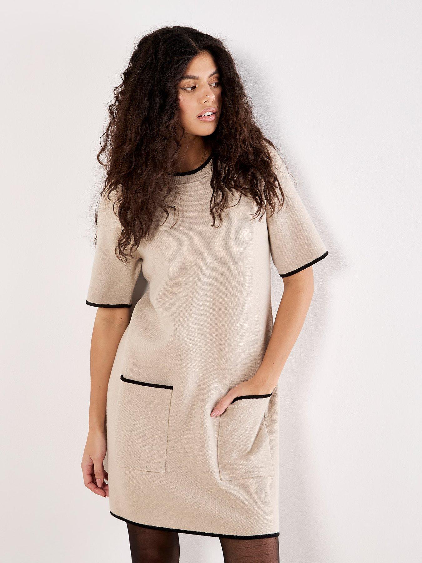 Image 1 of 5 of Apricot Contrast Tipping Knit Dress - Cream