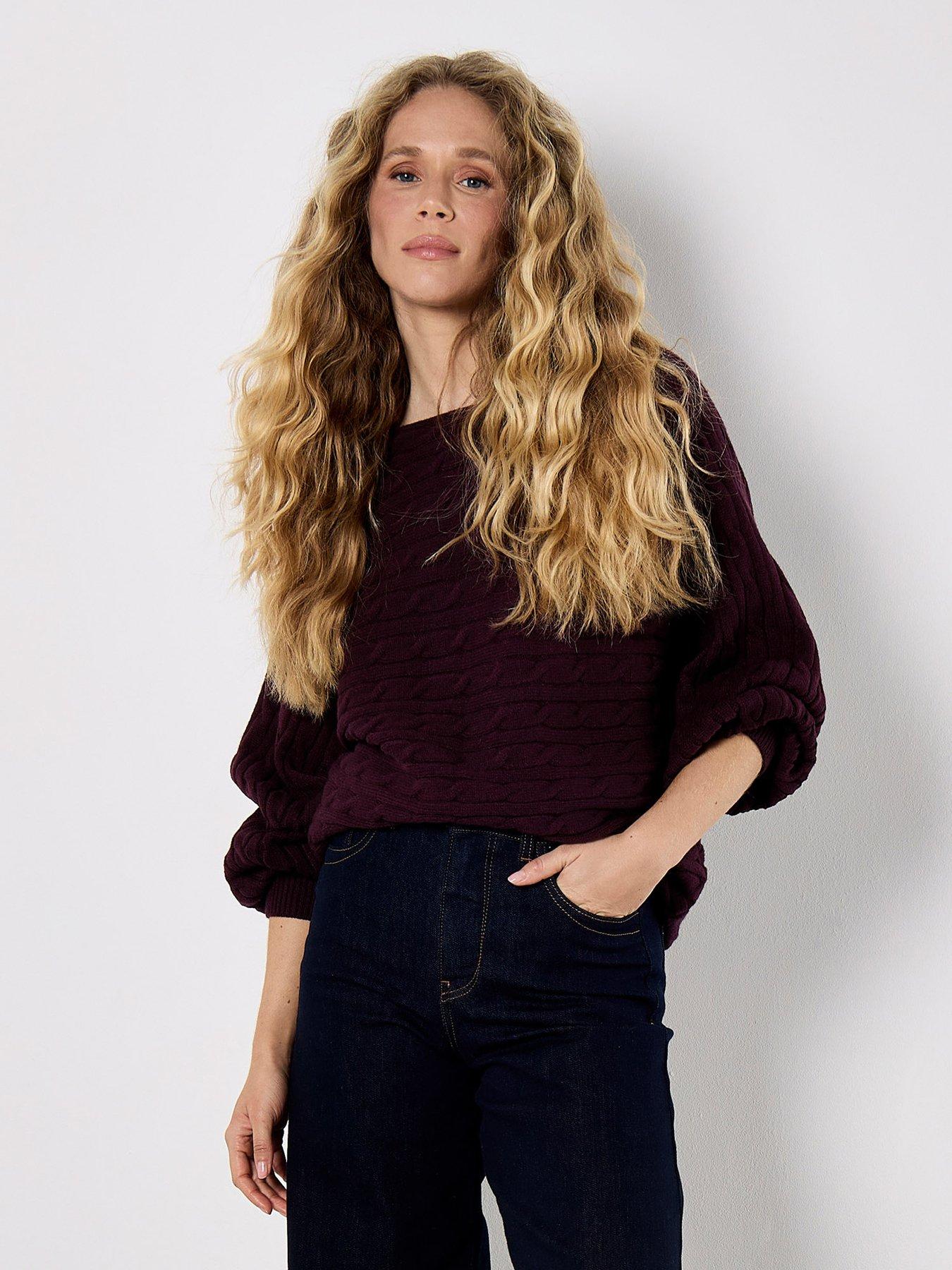 Apricot Cable Stripe Batwing Aran Knit Jumper - Purple