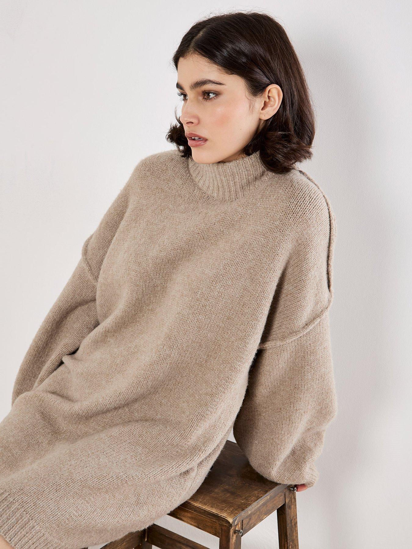  image of apricot-fuzzy-oversized-mock-neck-jumper-dress