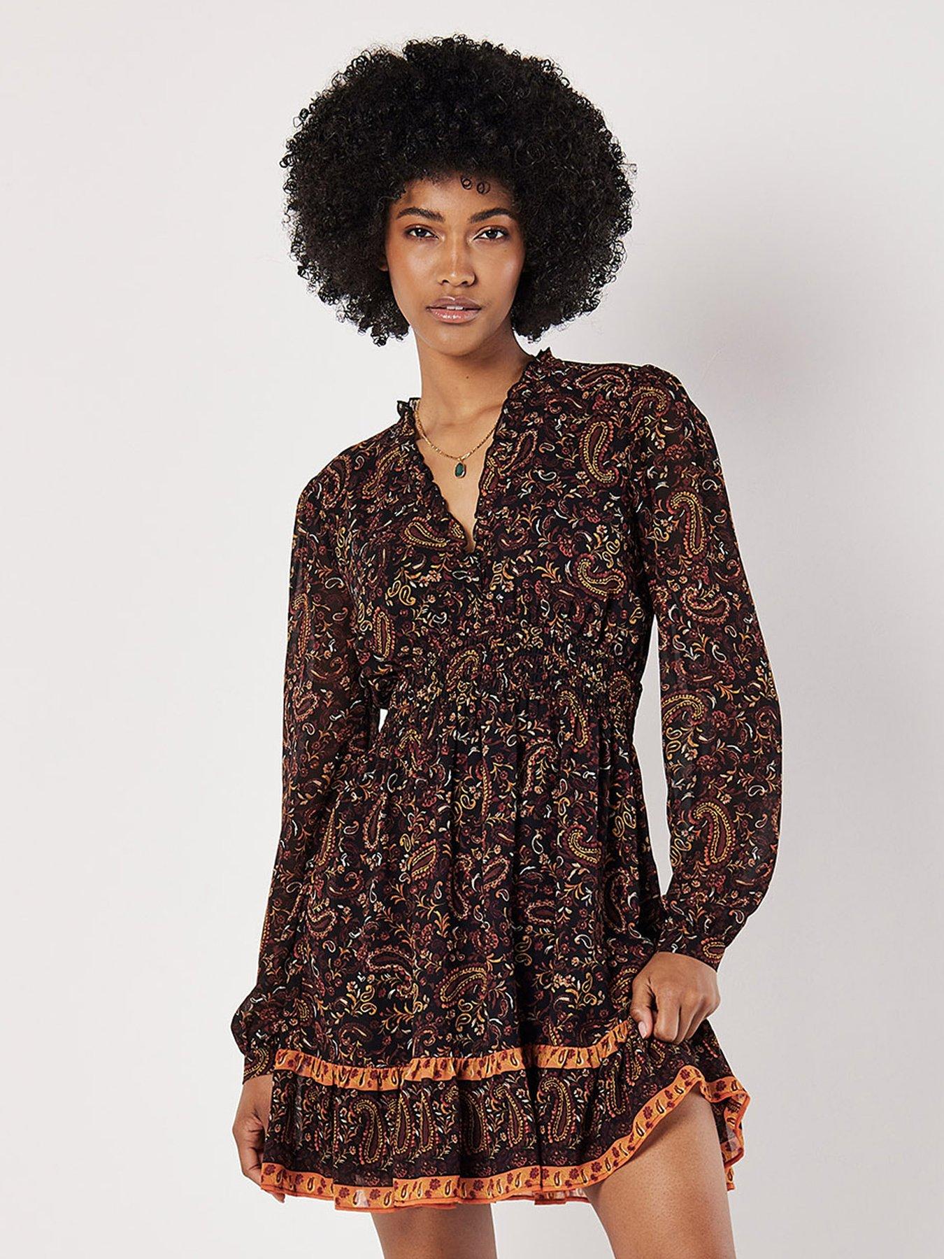 Apricot Paisley Border Ruffle Dress - Black