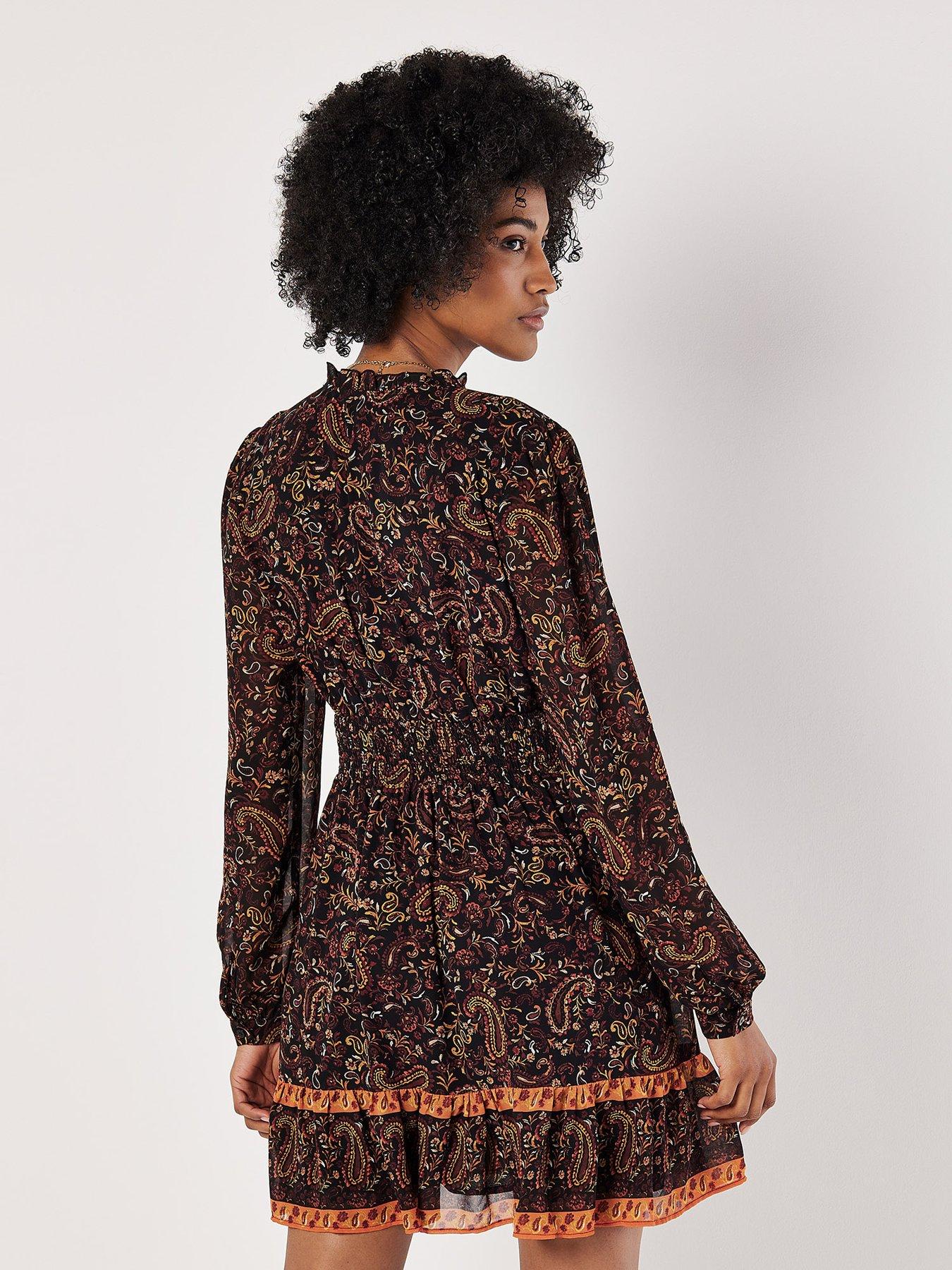  image of apricot-paisley-border-ruffle-dress-black