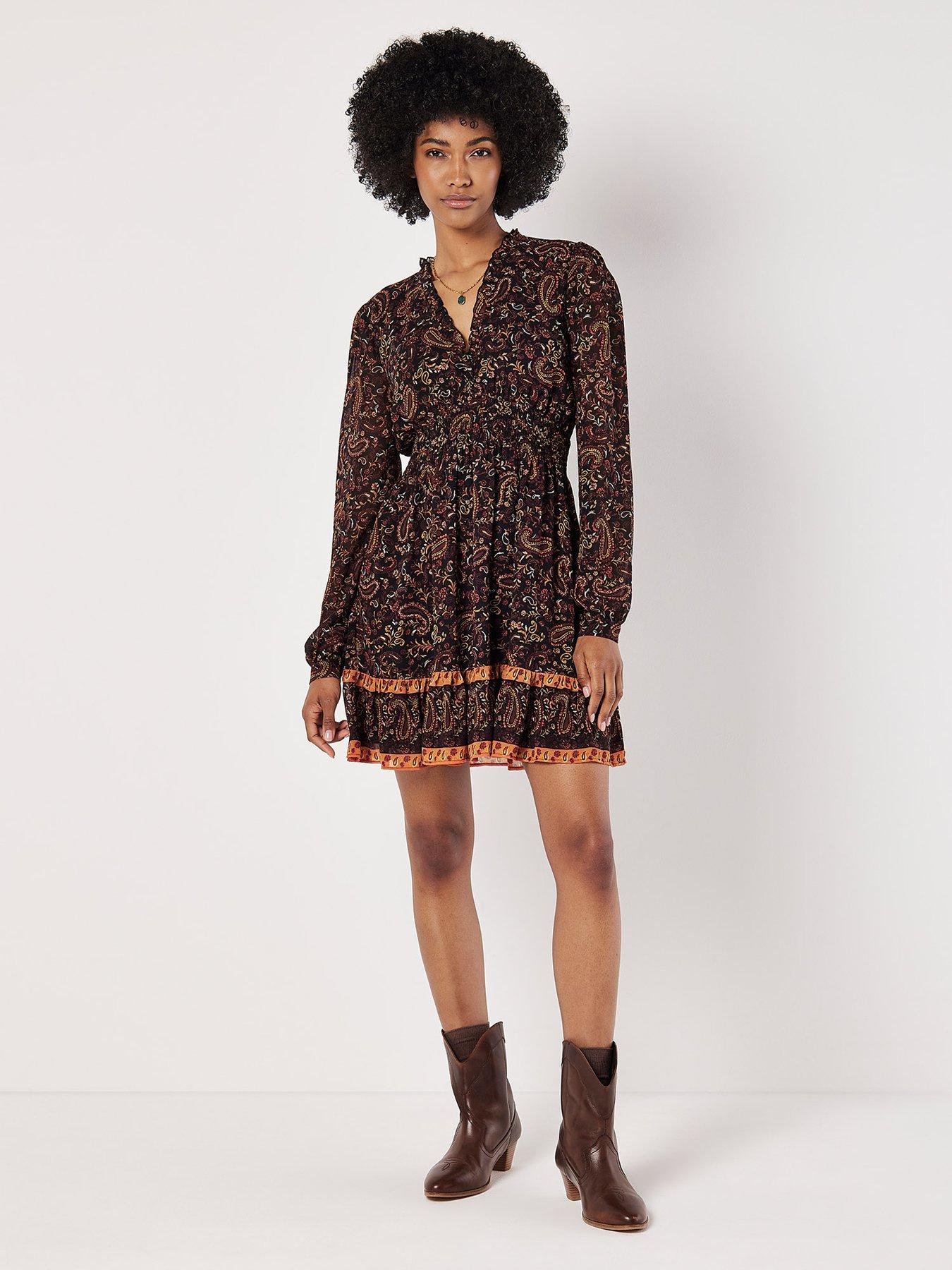  image of apricot-paisley-border-ruffle-dress-black