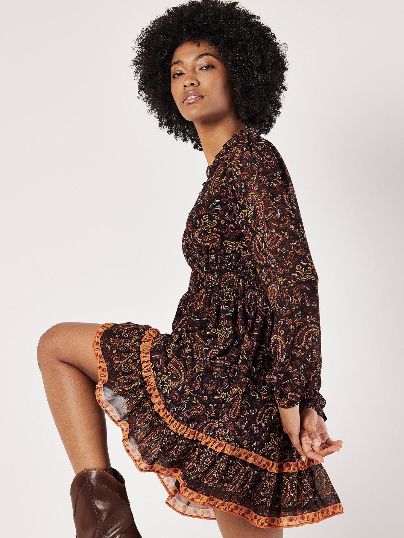  image of apricot-paisley-border-ruffle-dress-black