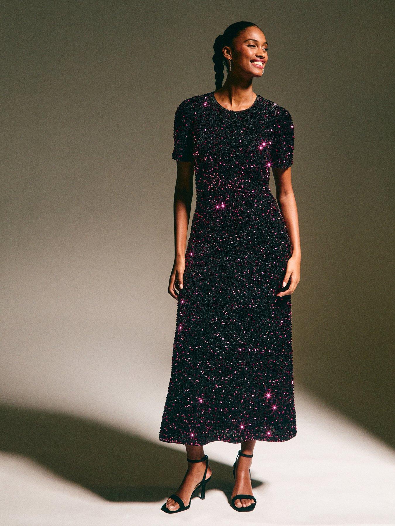  image of new-look-velvet-a-line-midi-sequin-dress-dark-burgundy