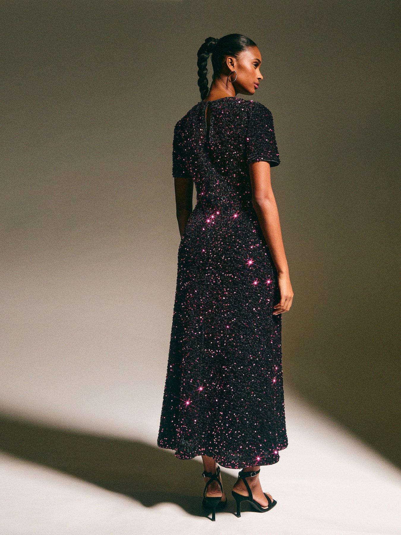 New Look Velvet A-line Midi Sequin Dress - Dark Burgundy | Littlewoods