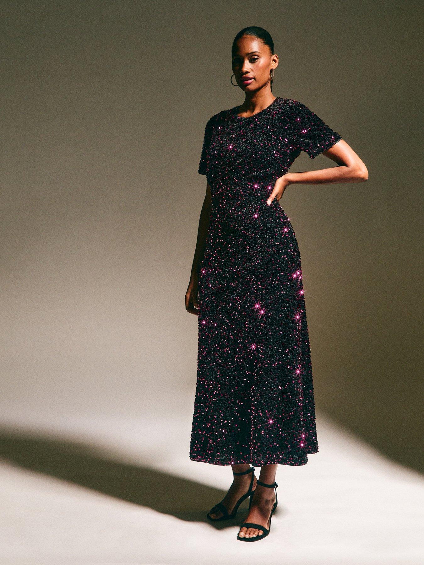 New Look Velvet A-line Midi Sequin Dress - Dark Burgundy