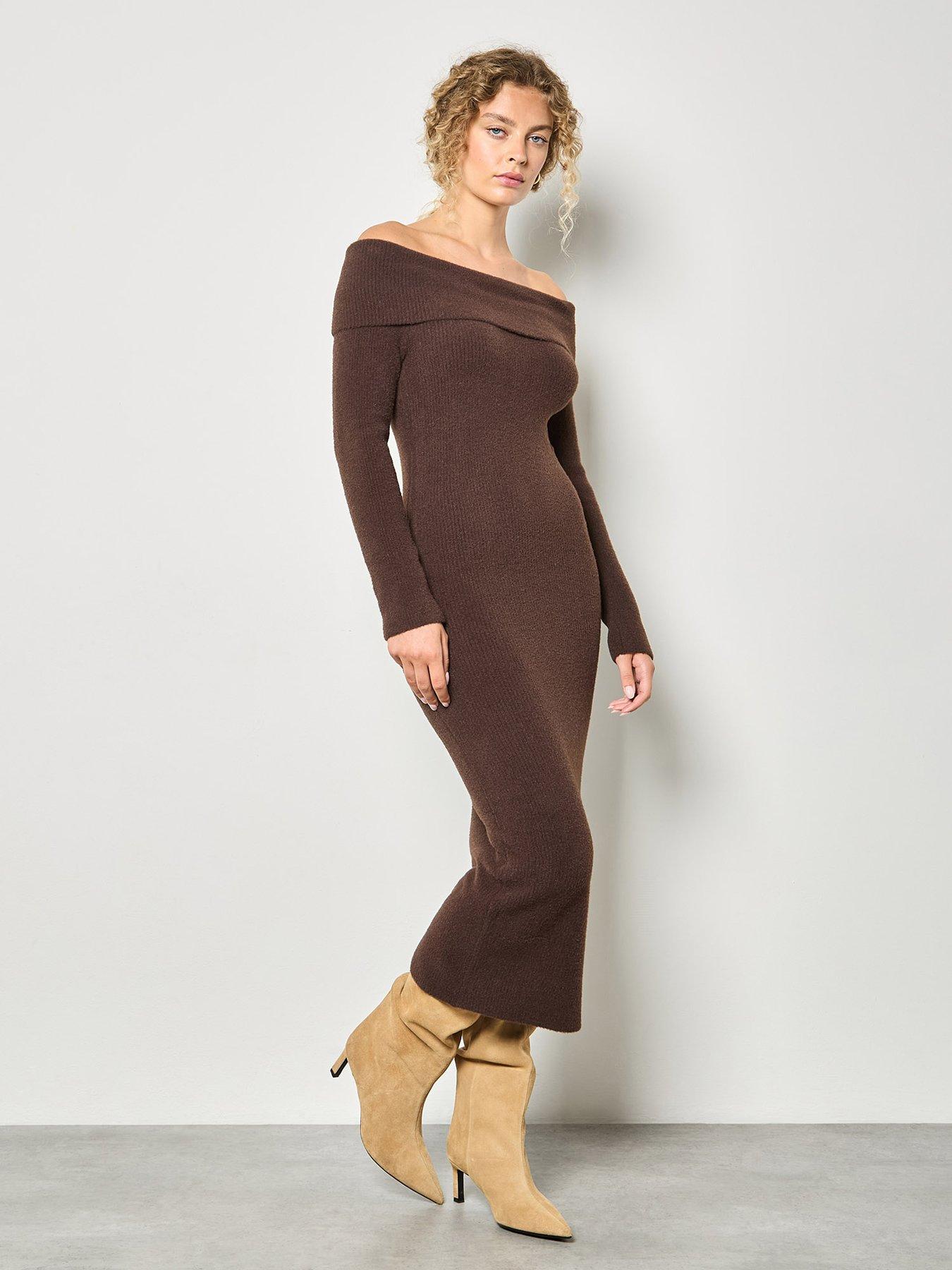 apricot-fuzzy-ribbed-bardot-midaxi-dress-purple