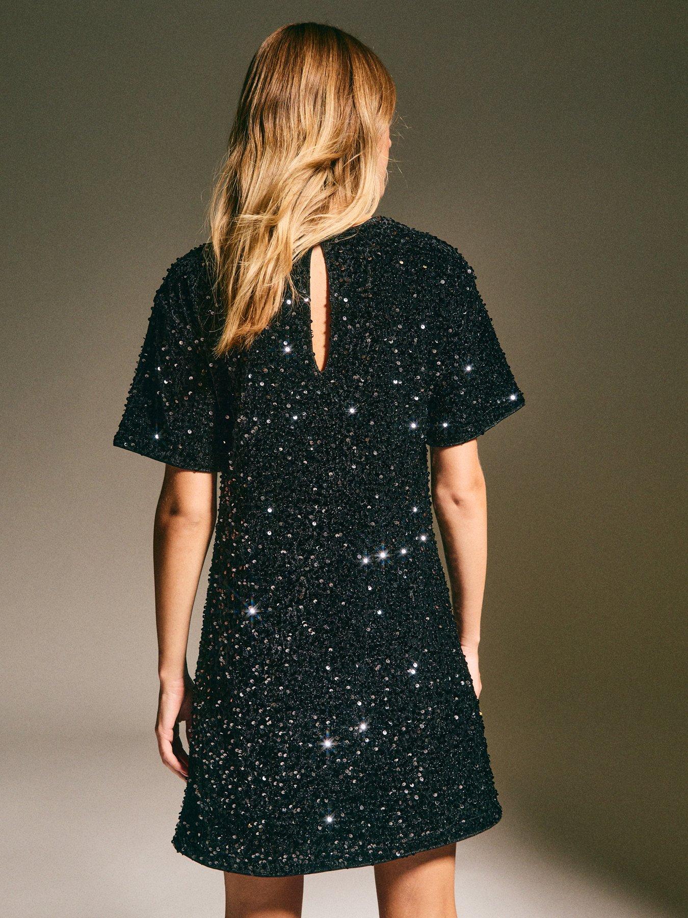  image of new-look-velvet-sequin-embellished-t-shirt-dress-black