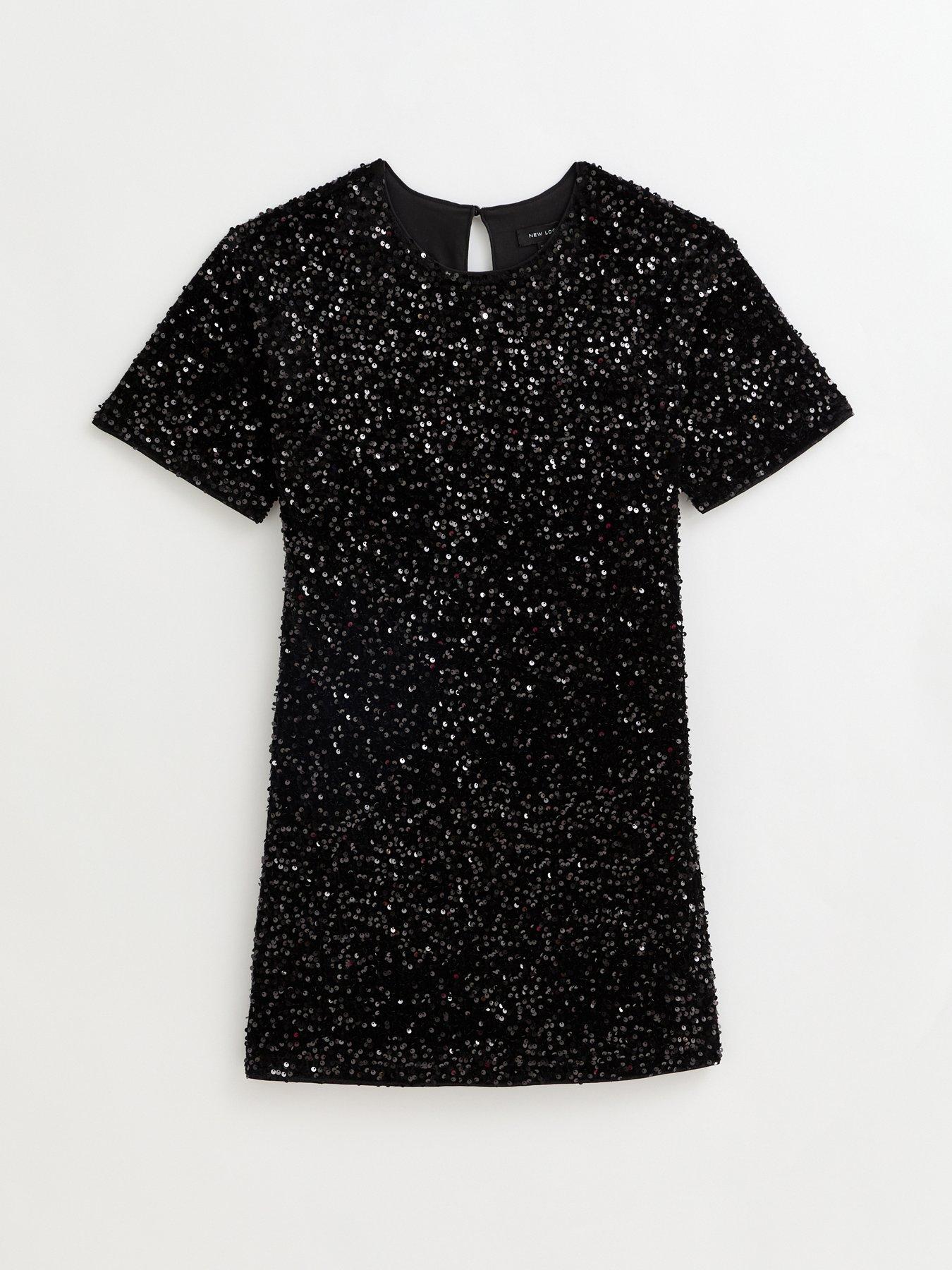  image of new-look-velvet-sequin-embellished-t-shirt-dress-black