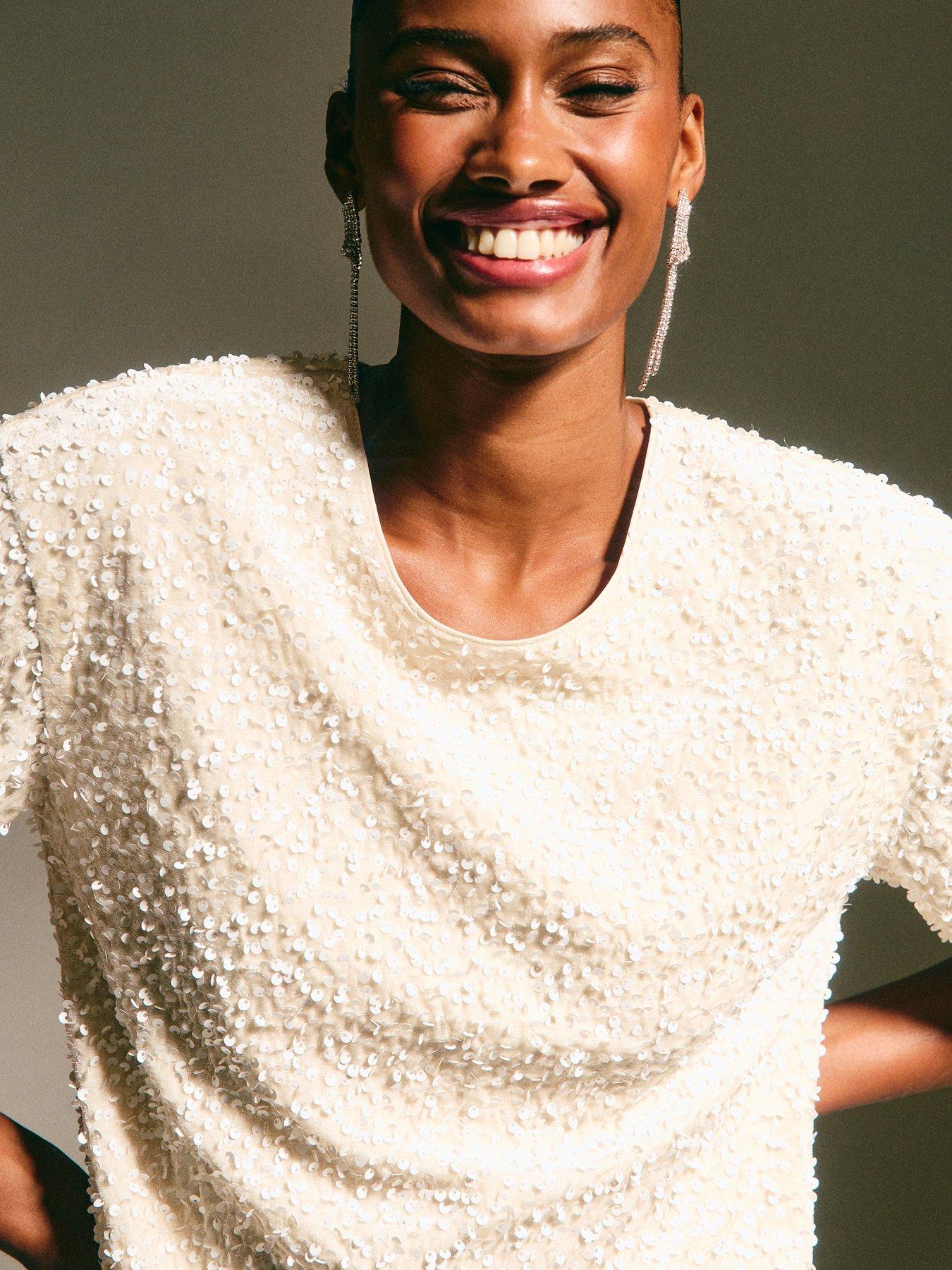  image of new-look-velvet-sequin-t-shirt-dress-cream