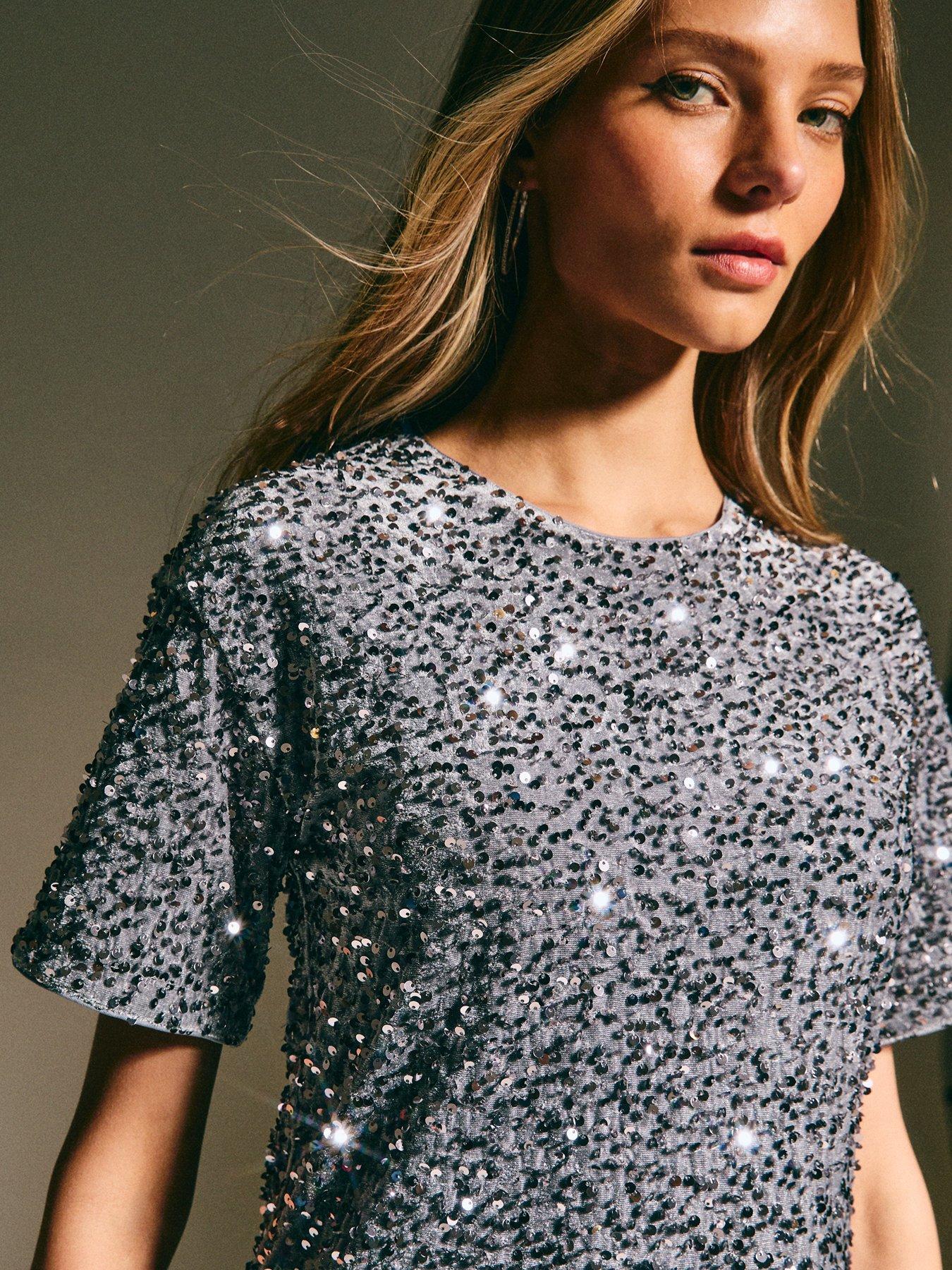 Image 4 of 4 of New Look Silver Velvet Sequin T-shirt Dress