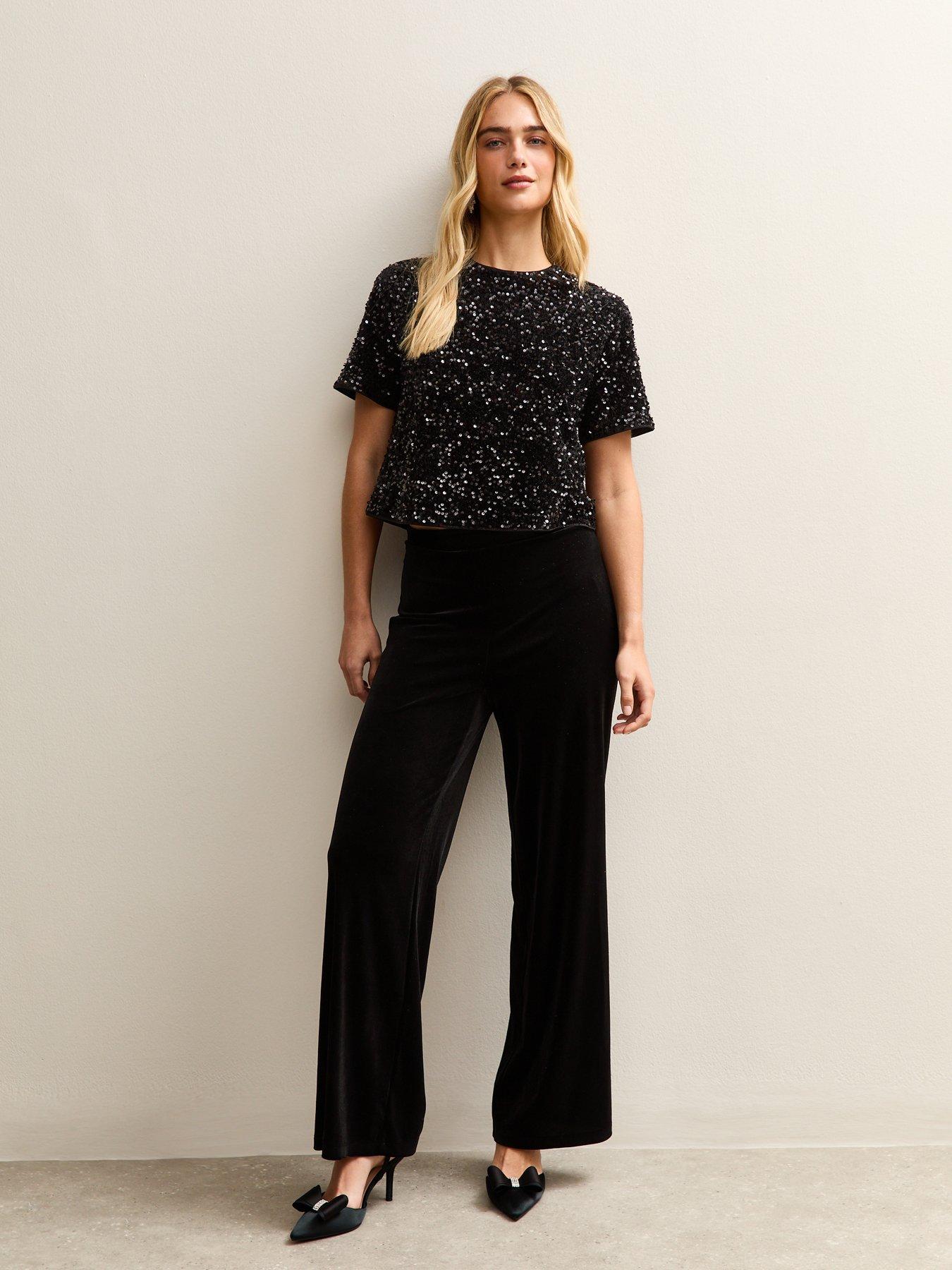  image of new-look-velvet-sequin-t-shirt-black