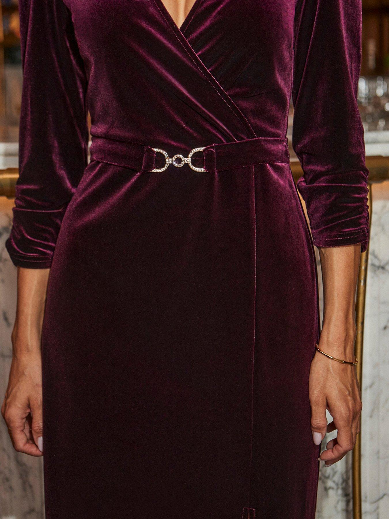  image of sosandar-velvet-belted-wrap-front-dress-purple