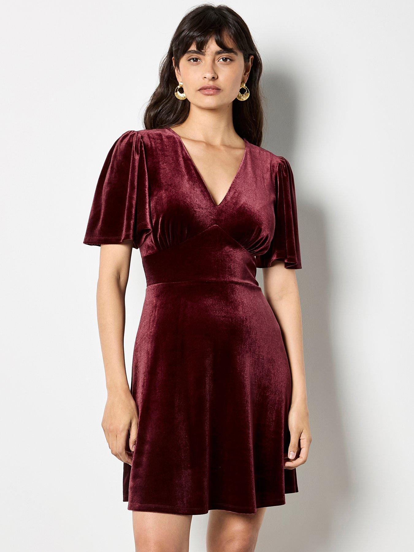  image of apricot-velvet-v-neck-empire-mini-dress-red