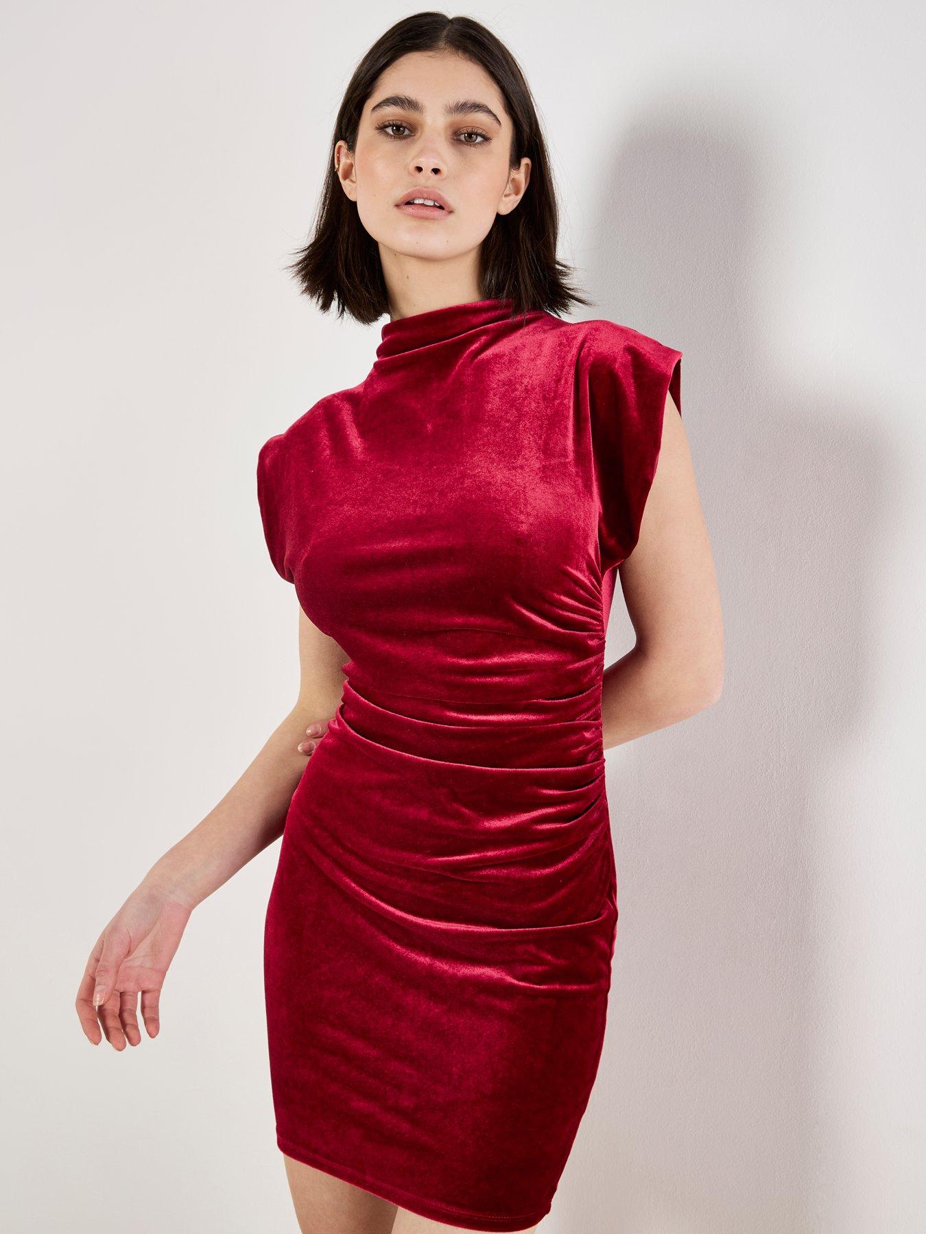  image of apricot-velvet-cowl-neck-ruched-dress-red