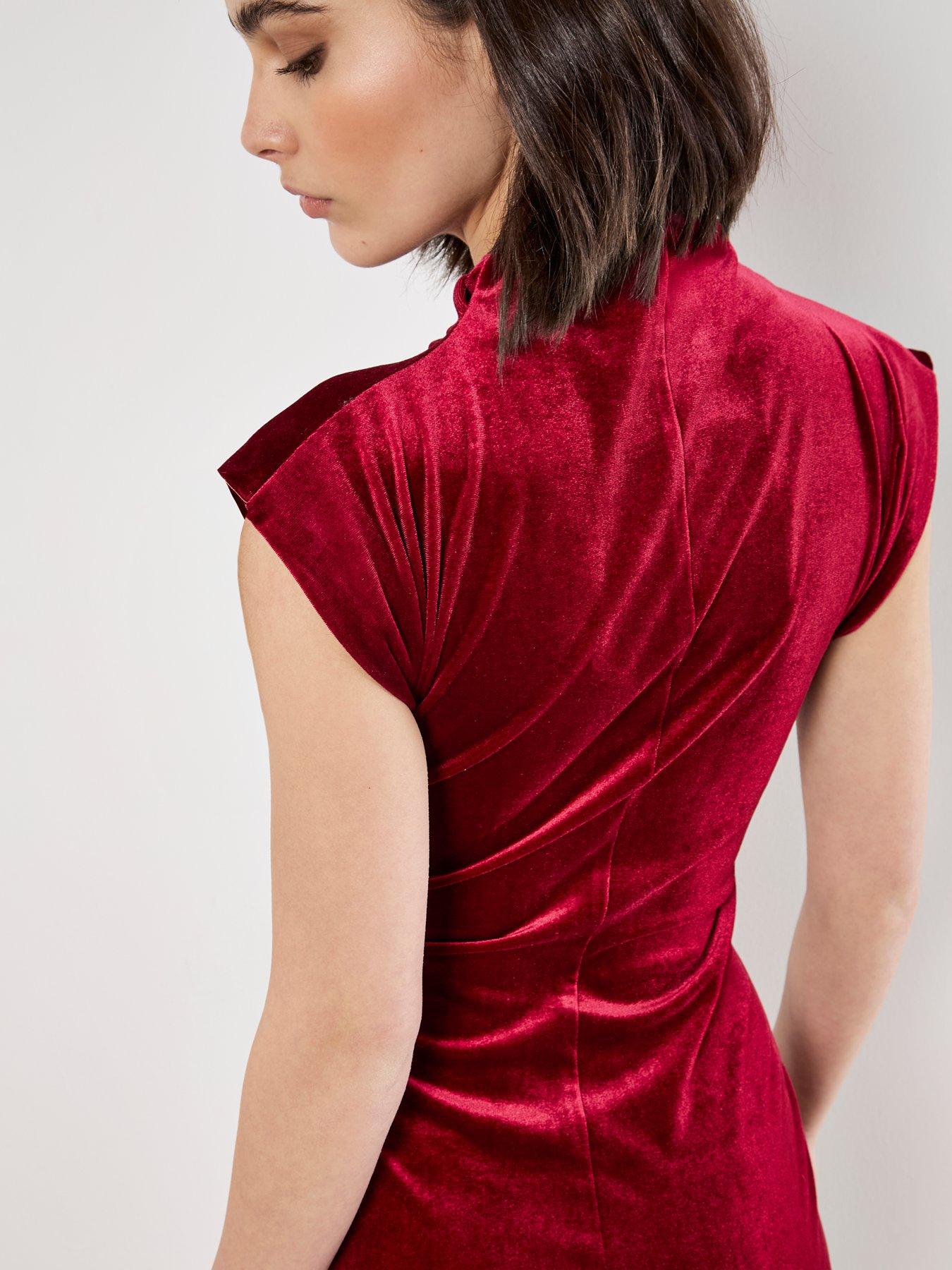  image of apricot-velvet-cowl-neck-ruched-dress-red