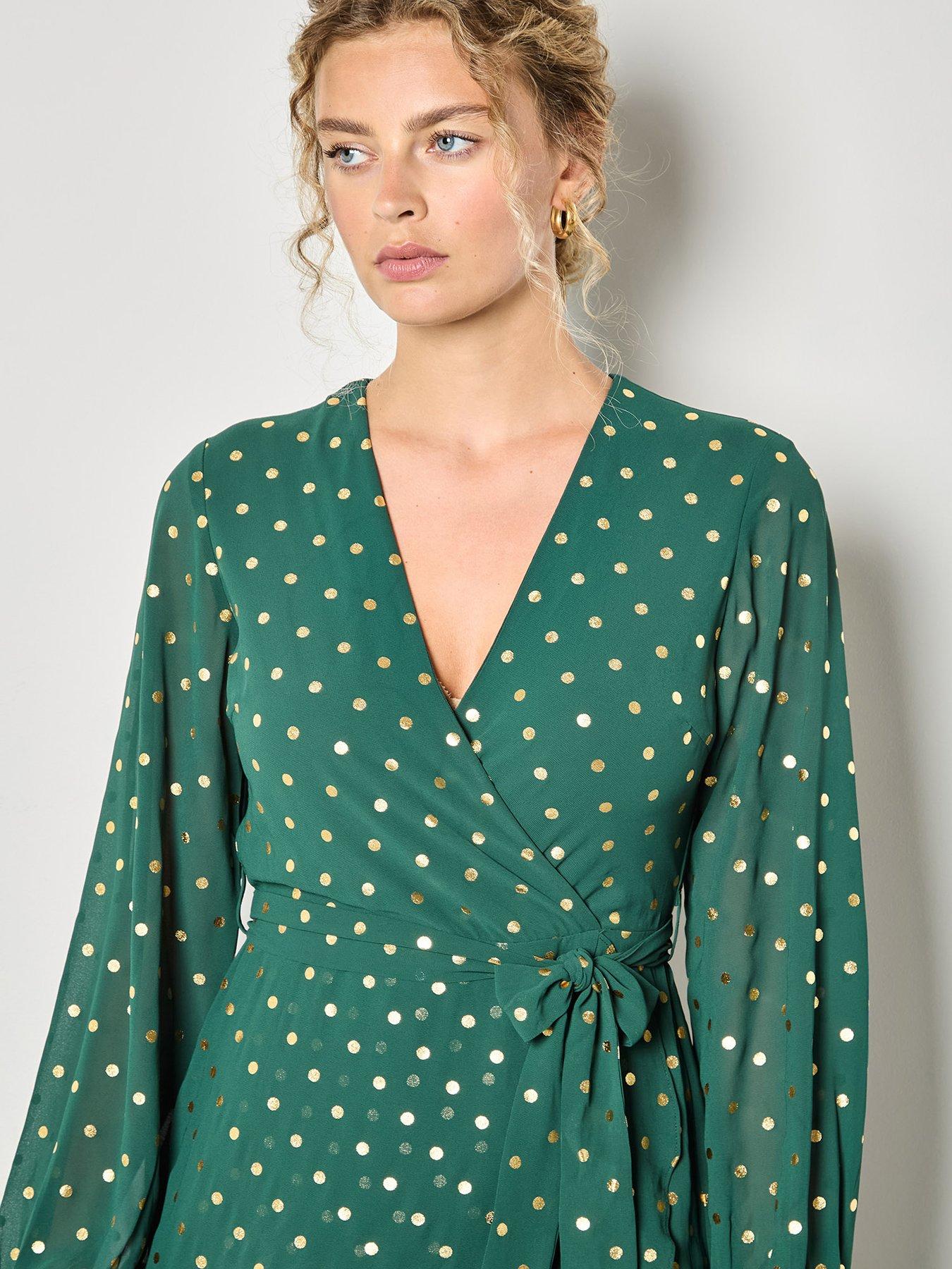  image of apricot-foil-polkadot-ruffle-detail-wrap-maxidress