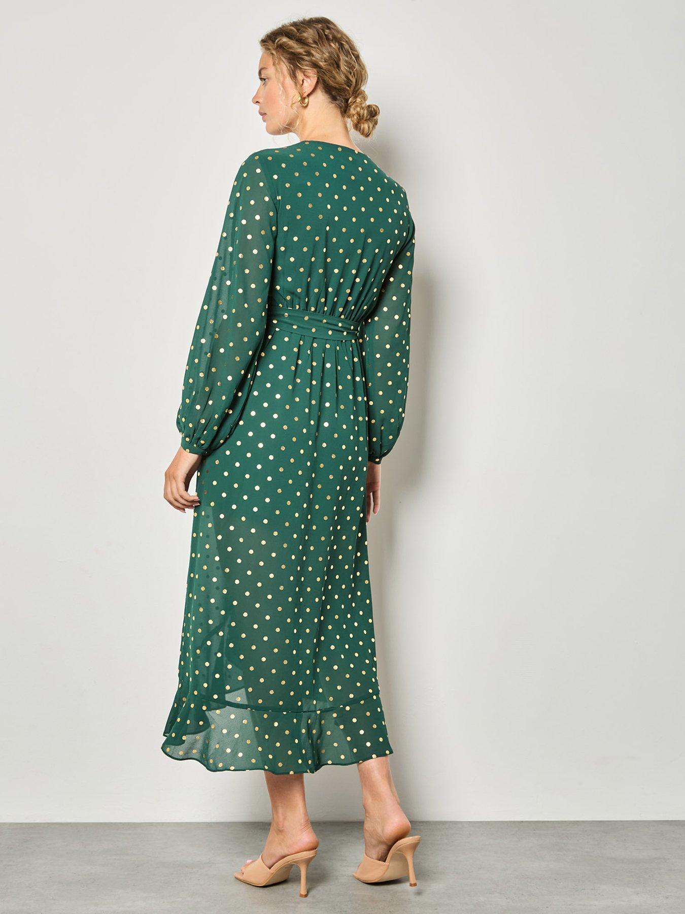  image of apricot-foil-polkadot-ruffle-detail-wrap-maxidress