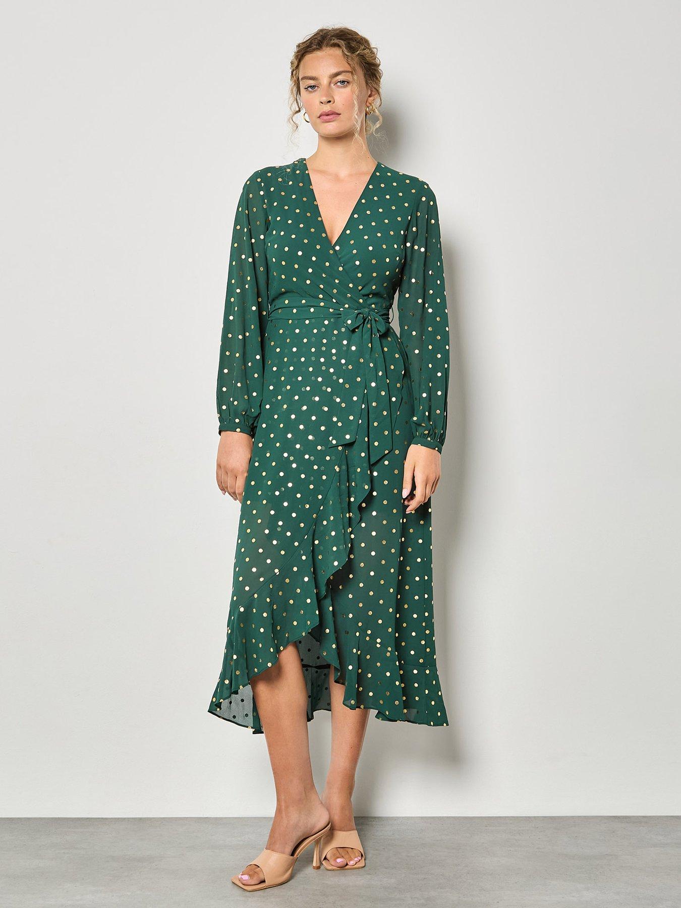  image of apricot-foil-polkadot-ruffle-detail-wrap-maxidress