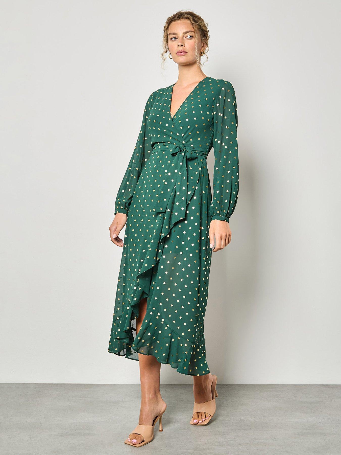  image of apricot-foil-polkadot-ruffle-detail-wrap-maxidress