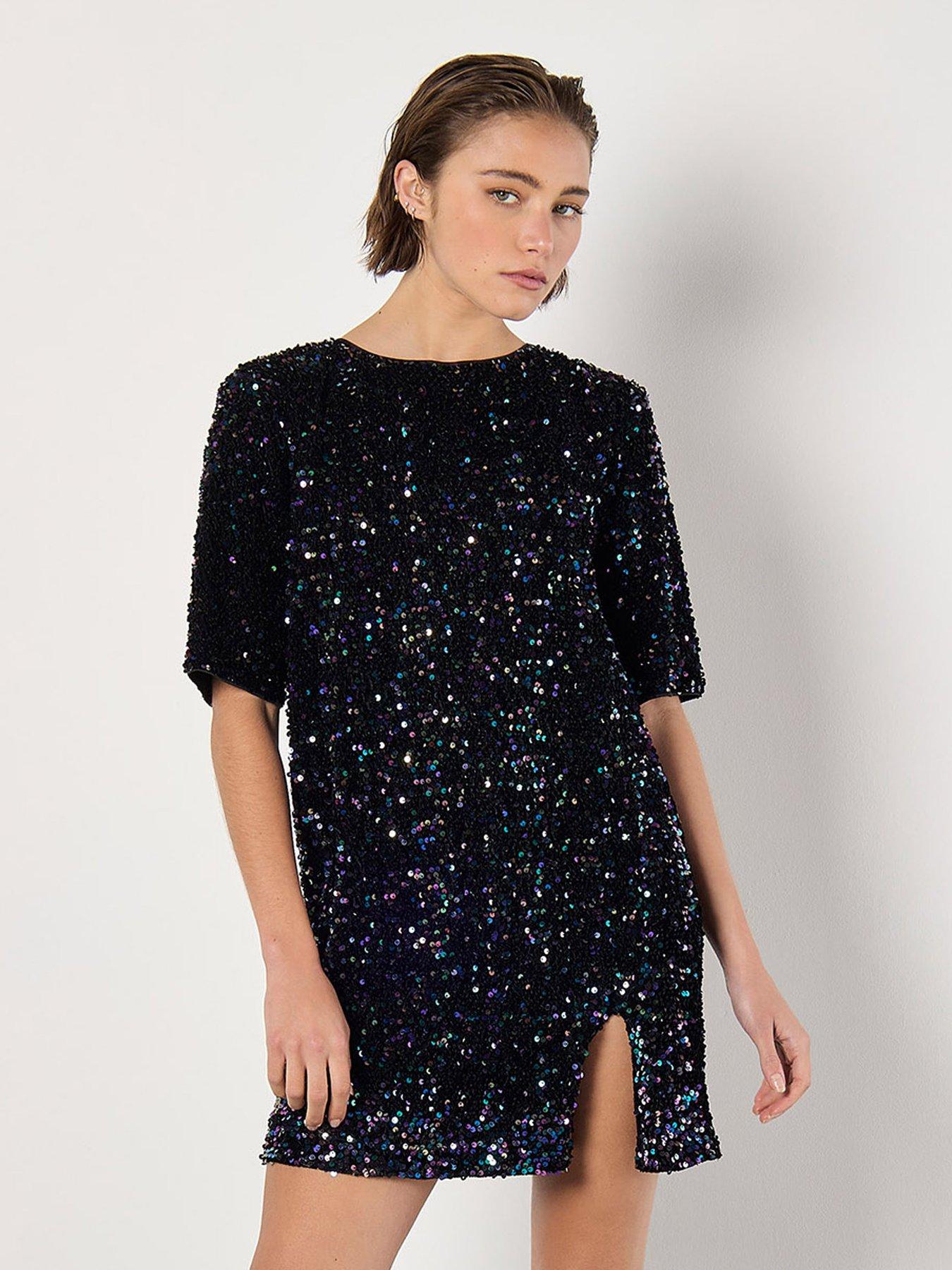 Apricot Velvet Sequin Low Back Mini Dress - Black