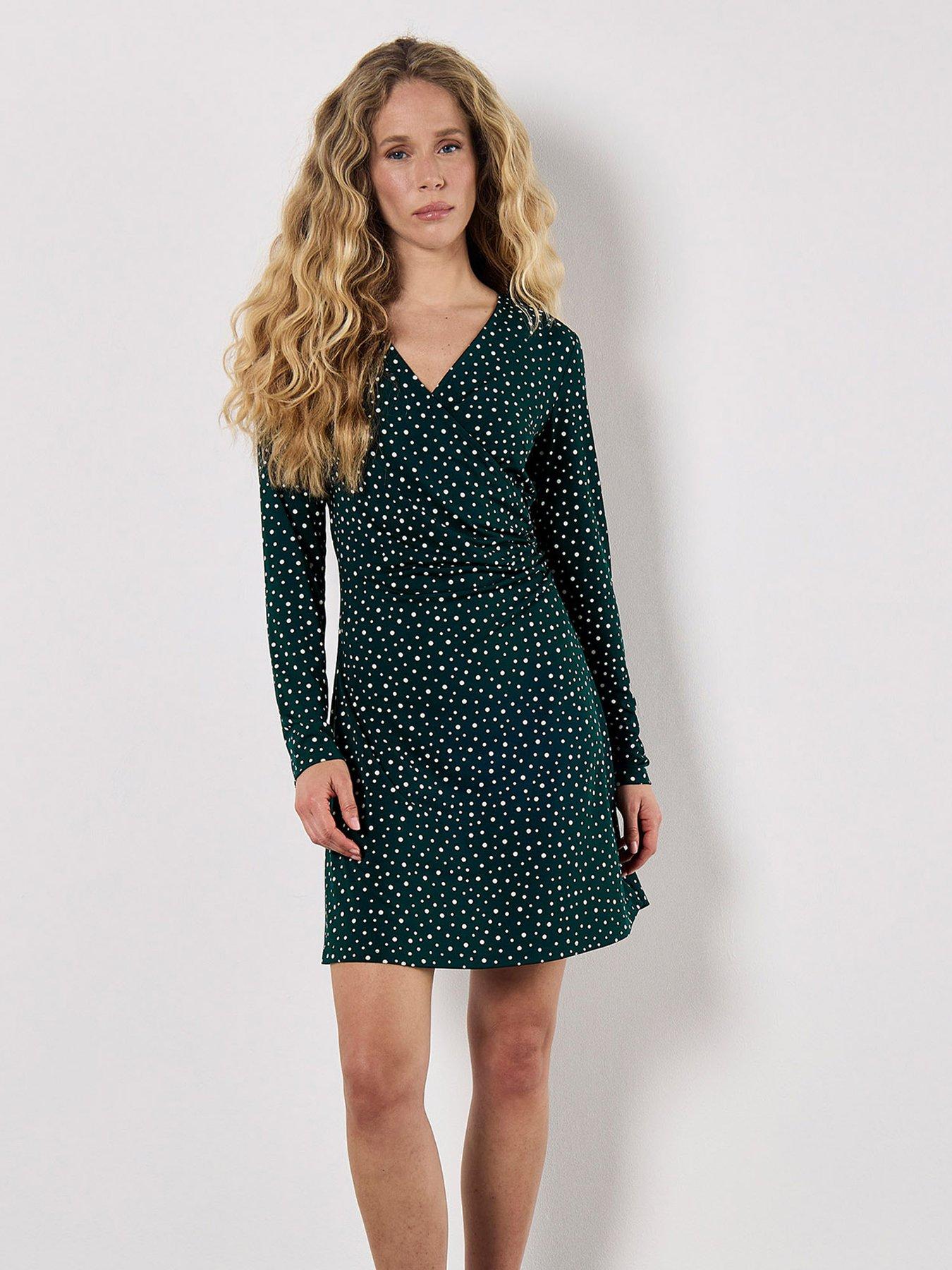 Image 3 of 4 of Apricot Assorted Dots Side Ruched Dress - Green