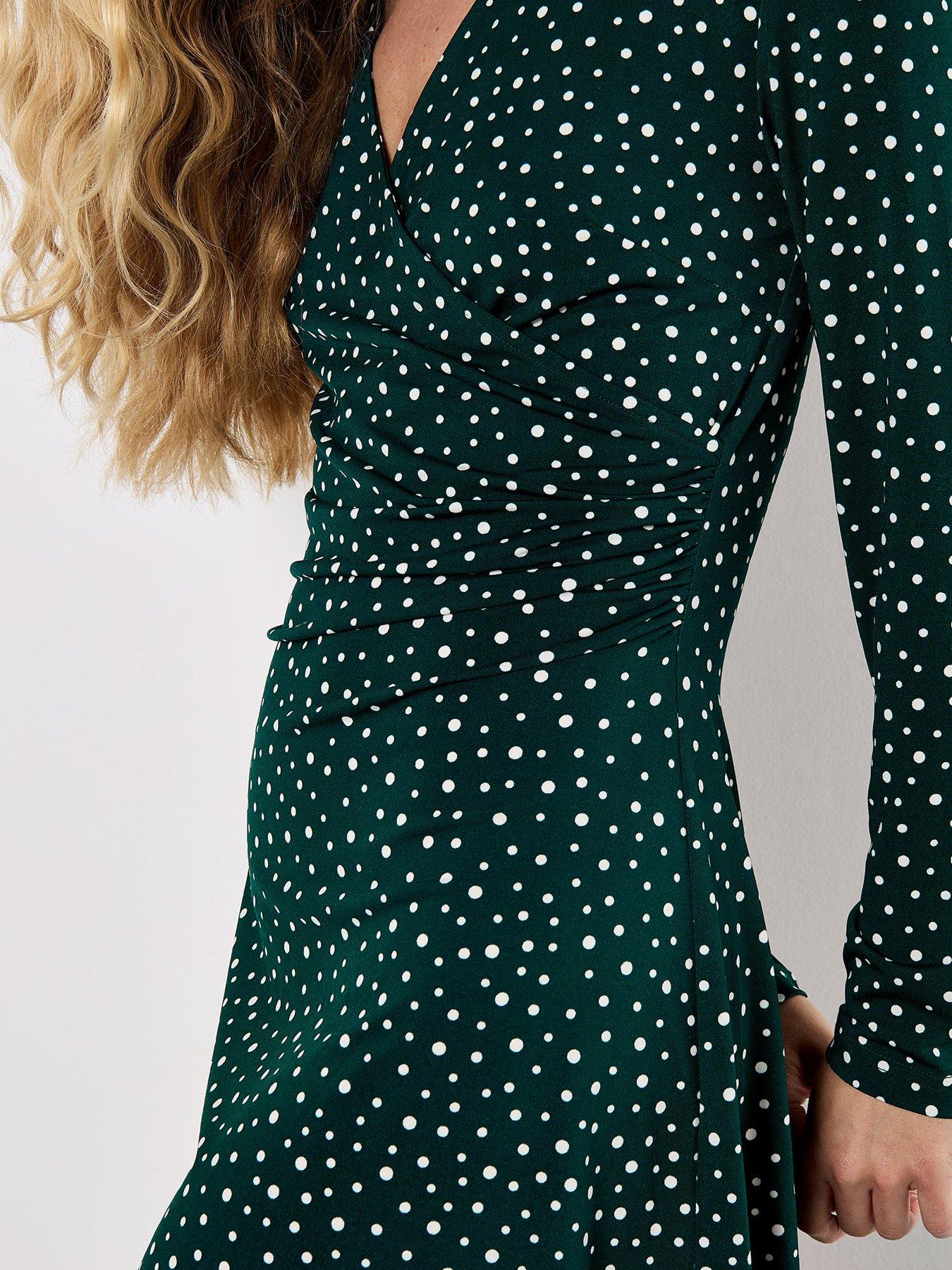 Image 4 of 4 of Apricot Assorted Dots Side Ruched Dress - Green