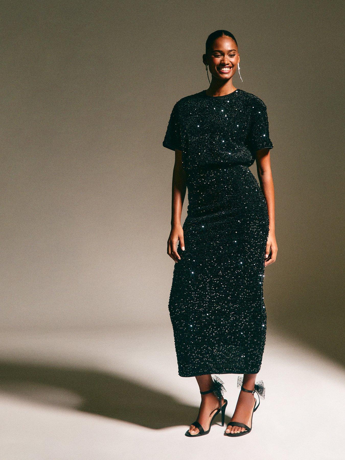 New Look Black Velvet Sequin Embellished Midi Skirt | Littlewoods