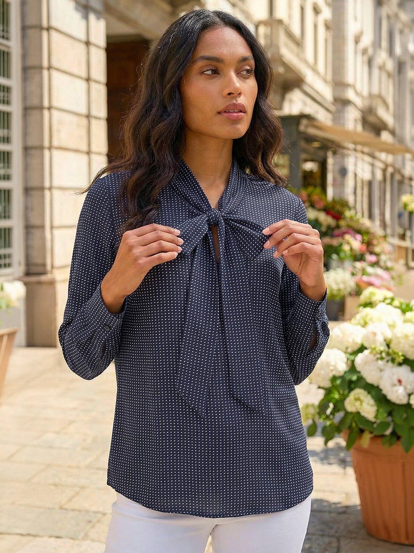 Roman Polka Dot Tie Neck Top - Blue