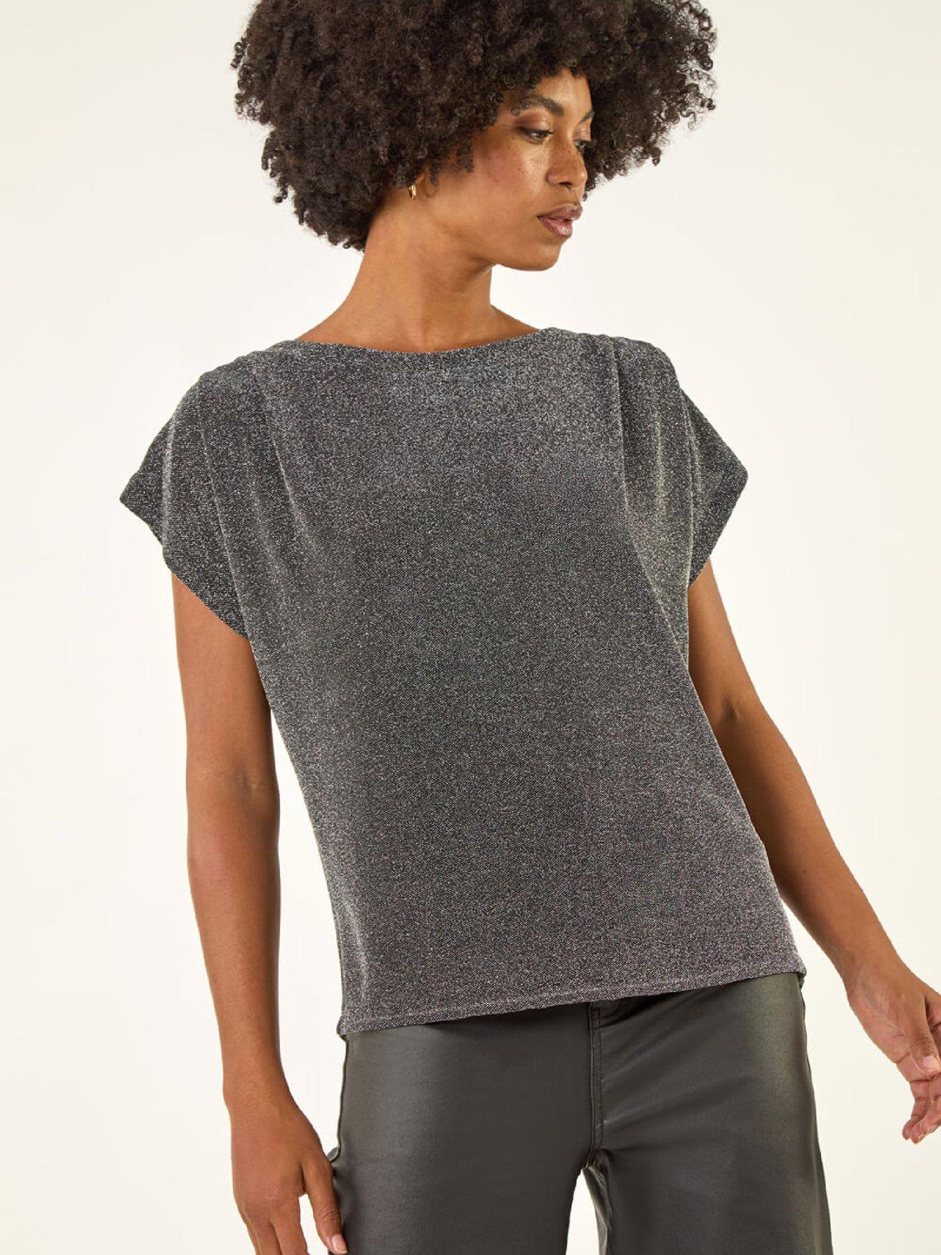 front image of roman-shimmer-scoop-back-stretch-top-silver
