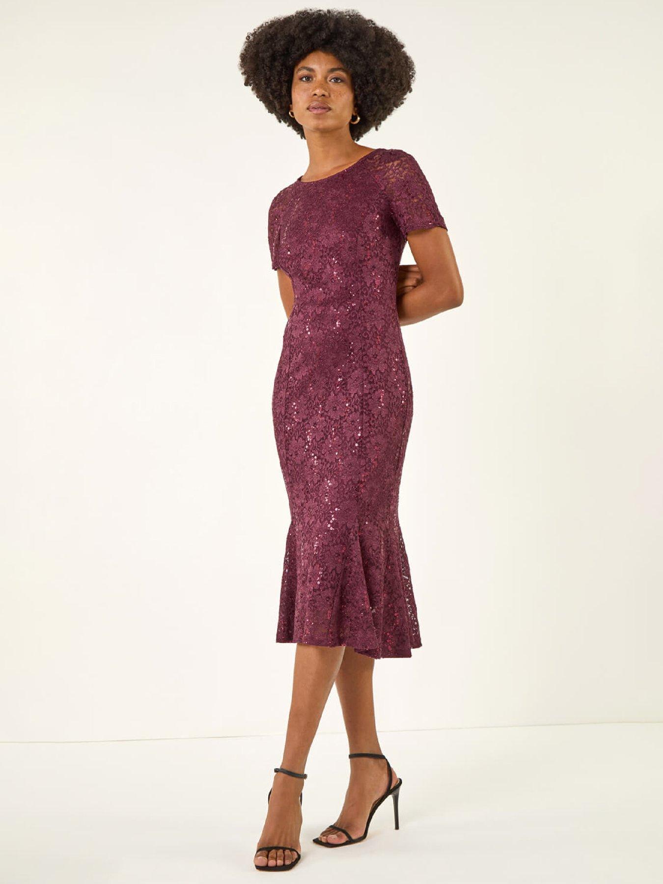 Roman Sequin Lace Stretch Midi Dress