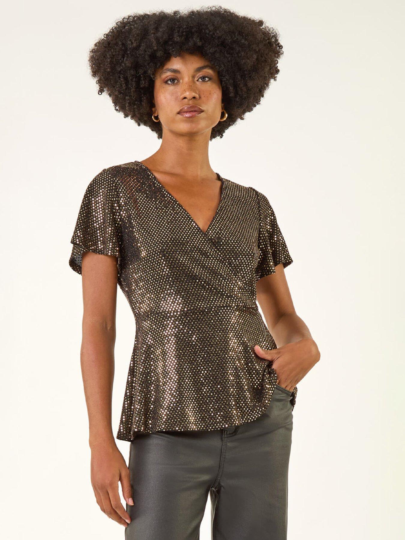 Image 1 of 5 of Roman Shimmer Wrap Front Tunic Top - Brown