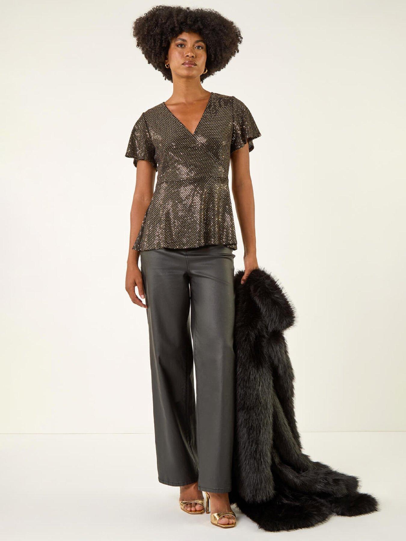 Image 3 of 5 of Roman Shimmer Wrap Front Tunic Top - Brown