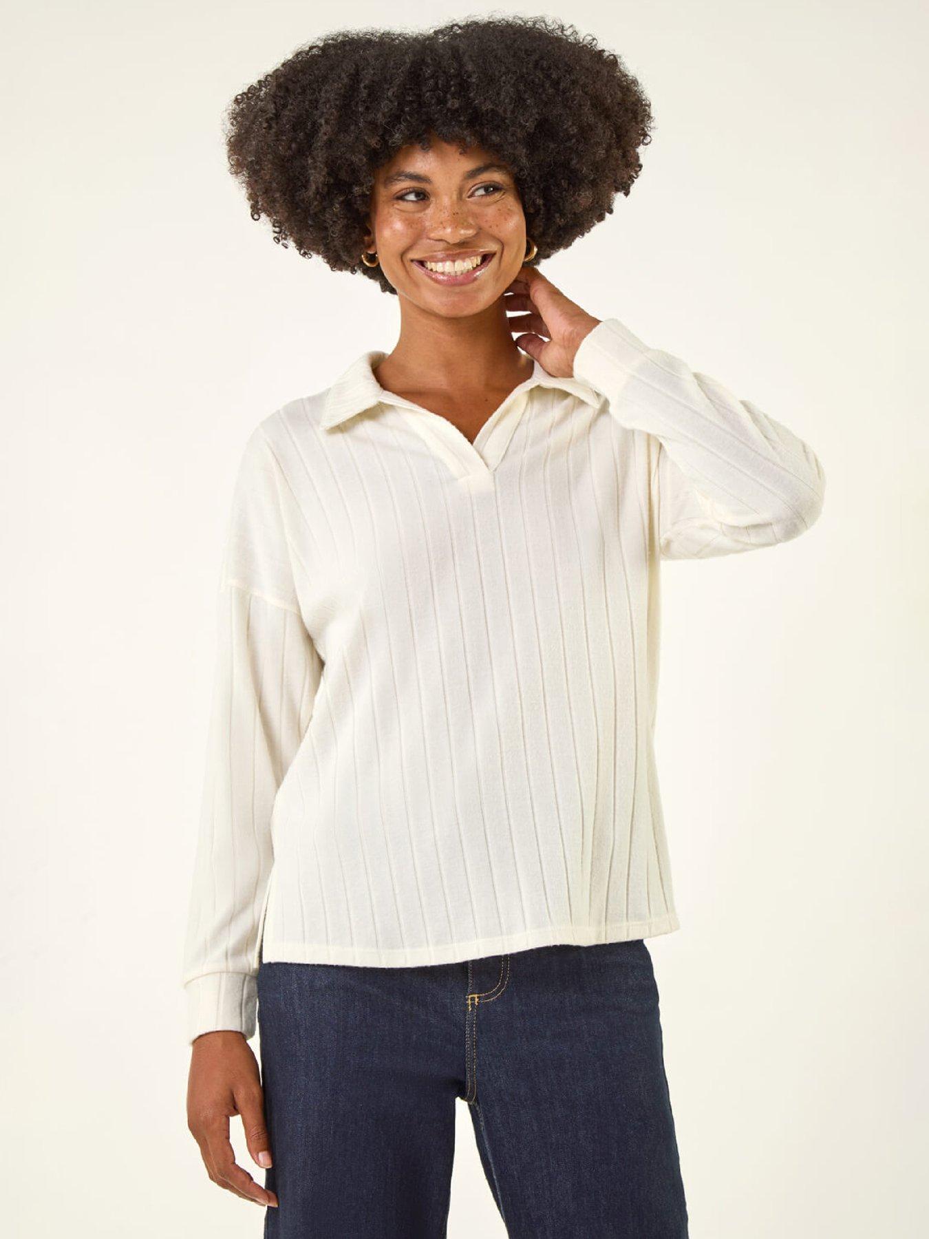  image of roman-ribbed-collared-stretch-top-white