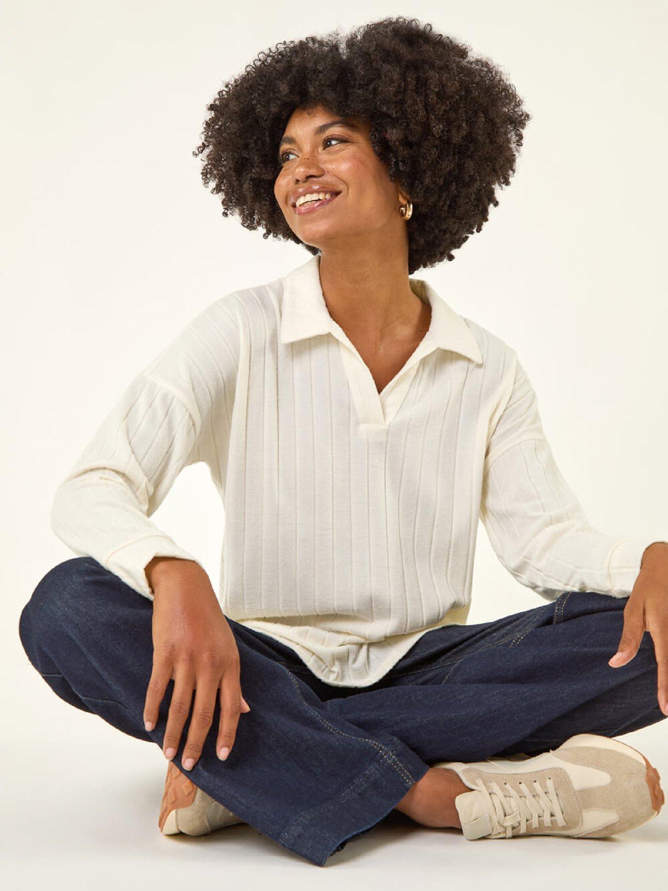  image of roman-ribbed-collared-stretch-top-white