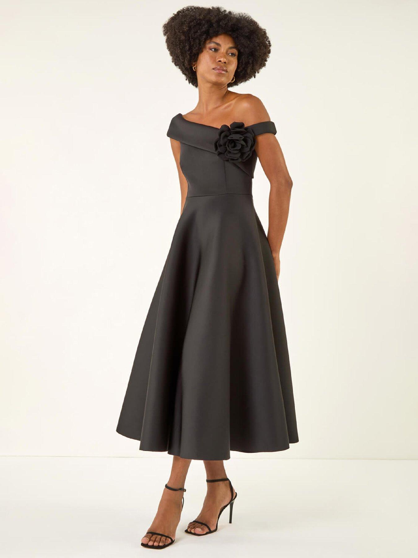 Roman Corsage Premium Stretch Midi Dress - Black