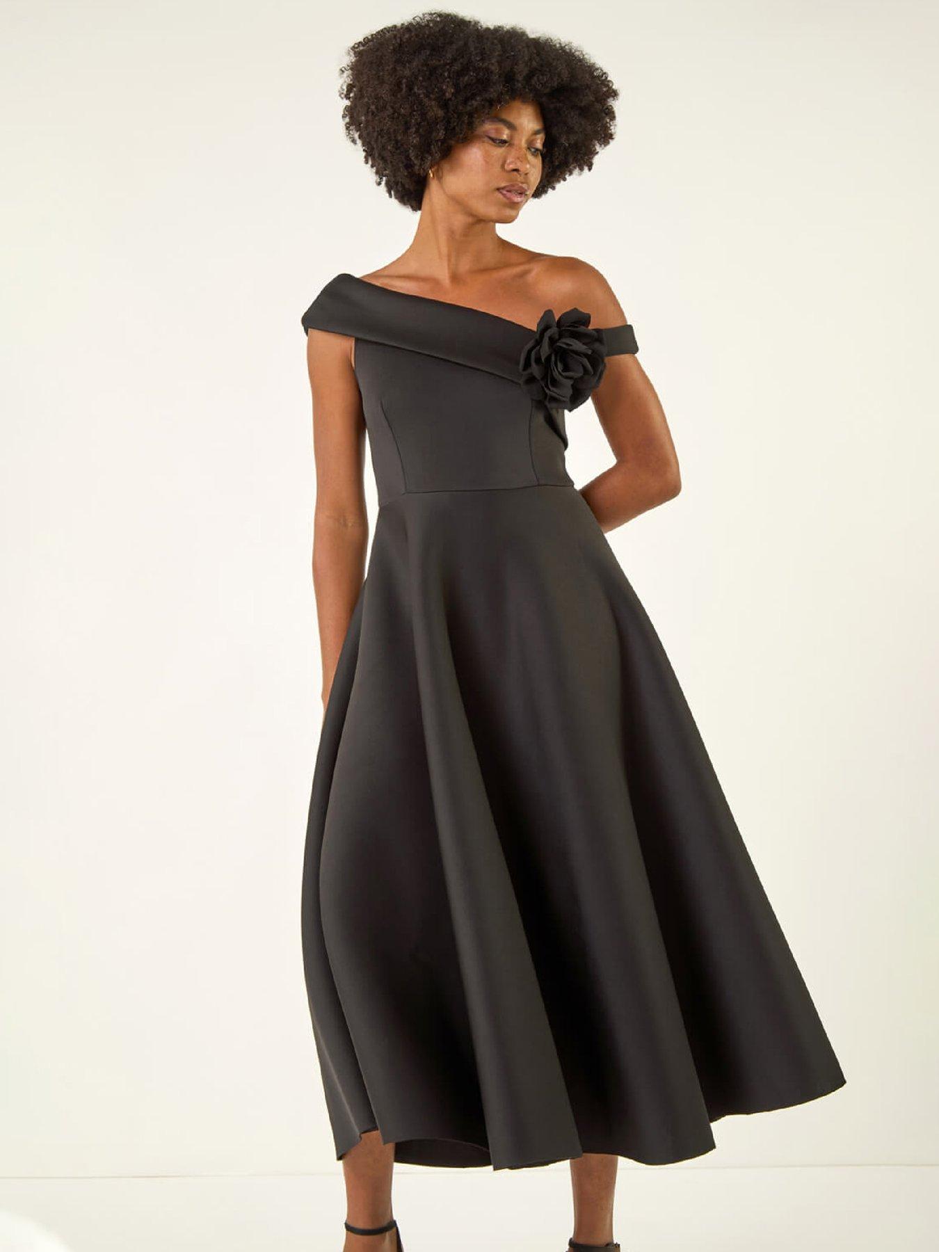 Image 3 of 5 of Roman Corsage Premium Stretch Midi Dress - Black